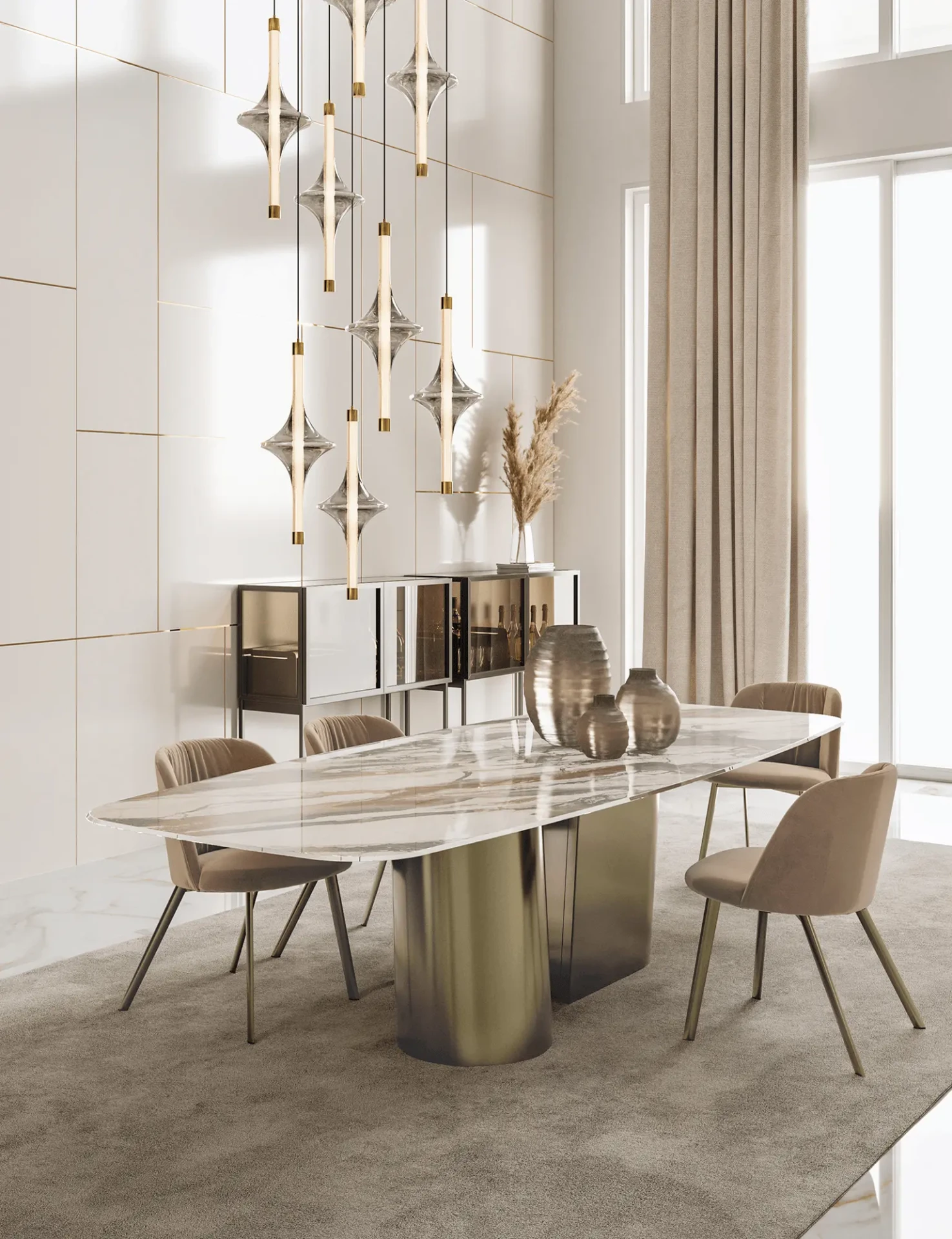 98.5 IN - Bontempi Casa Kimono Dining Table, Breccia Rosa Art Glass Top, Aged Brass Base, modern style, dining room, eye-level view.