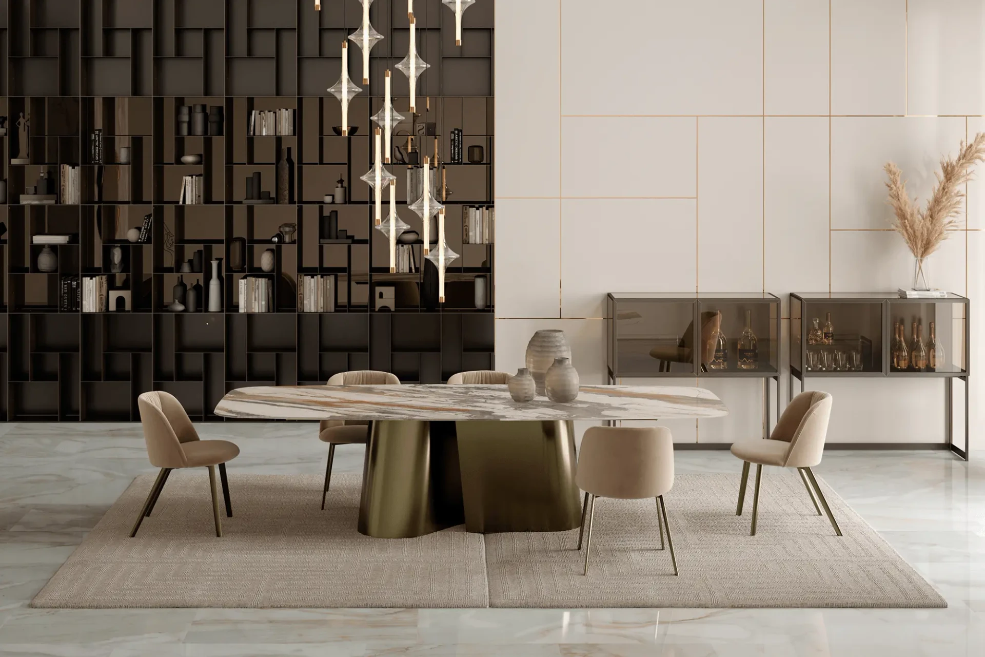 118 IN - Bontempi Casa Kimono Dining Table, Breccia Rosa Art Glass Top, Aged Brass Base in modern dining room, front view.