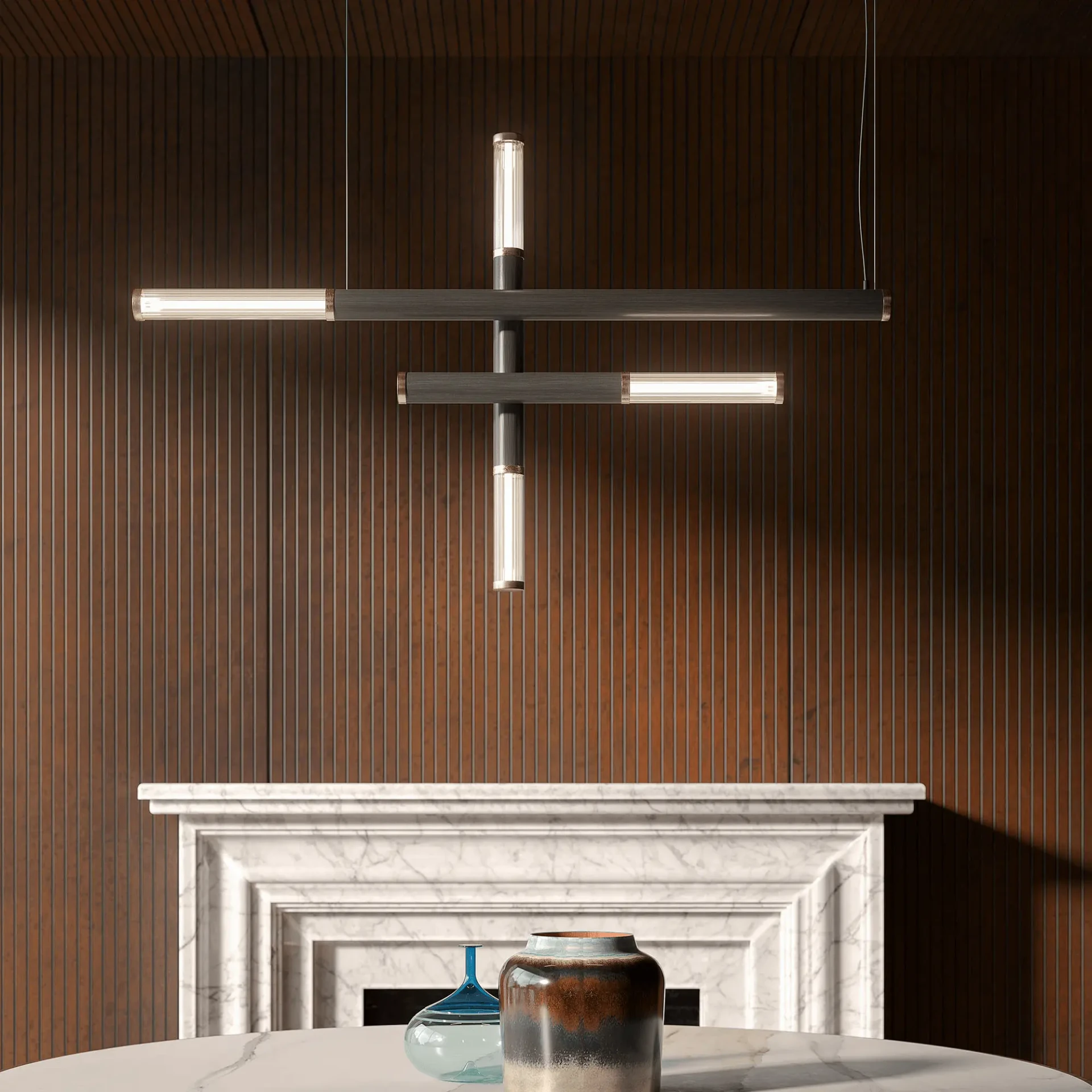 Cattelan Regata 3 Ceiling Lamp in Satin Iron Grey and Brushed Brass, modern LED light in living room, front view.