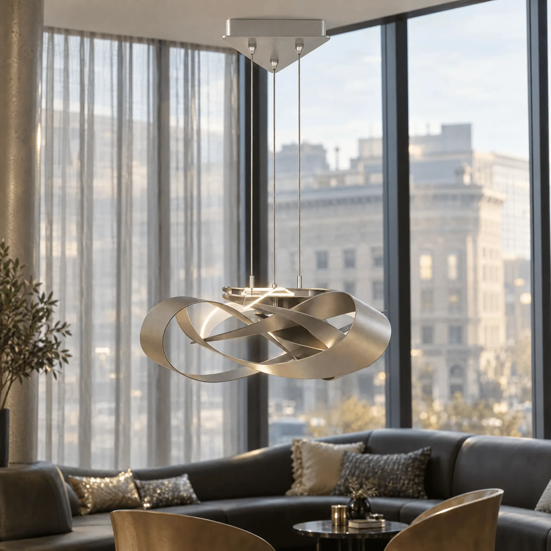 Flux Led Pendant in Vintage Platinum 82, 23W 3000K LED, modern sculptural metal light in living room, eye-level view.