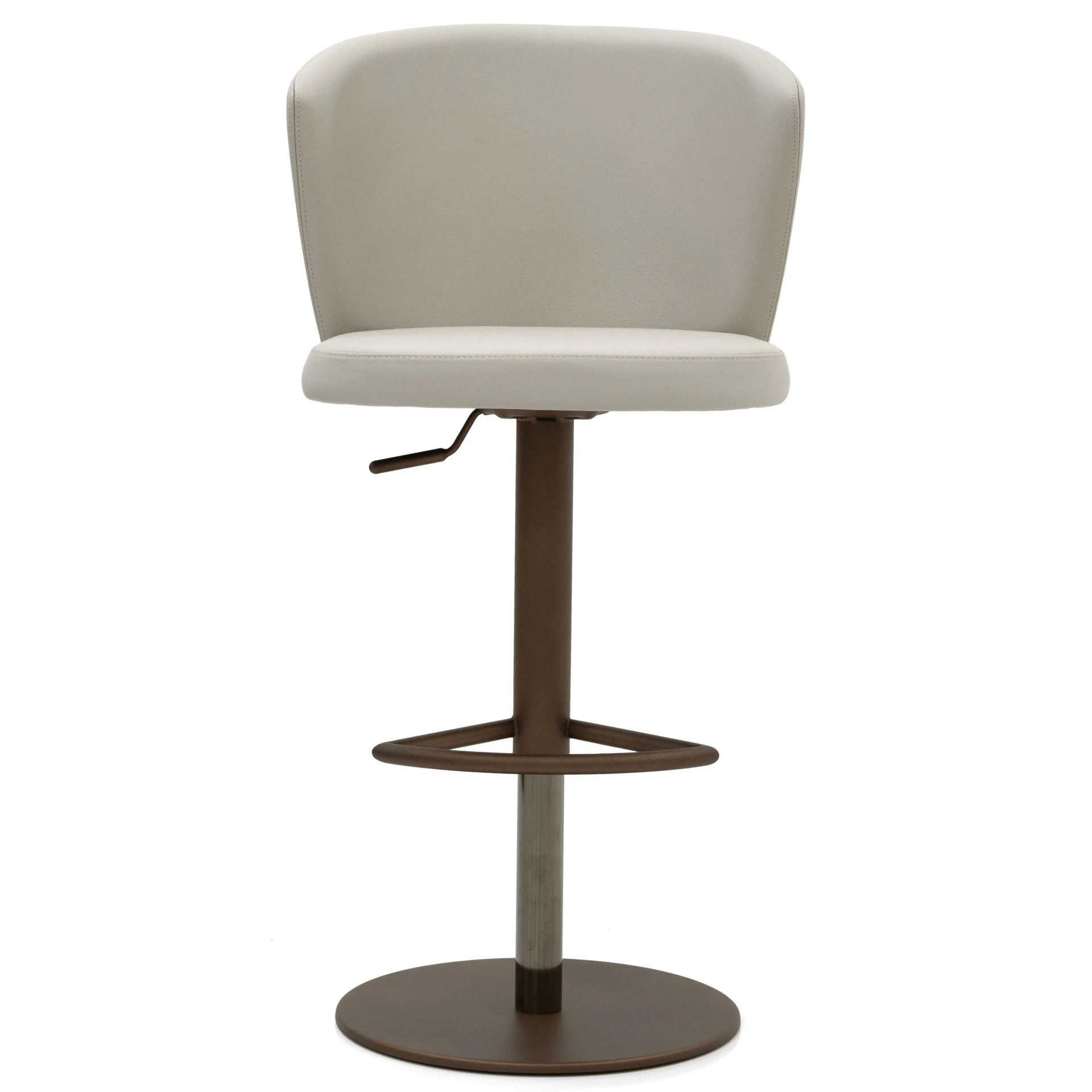 Tess Bar Stool in beige leather with bronze base, post, and footrest, front view, height adjustable with black chrome lift.