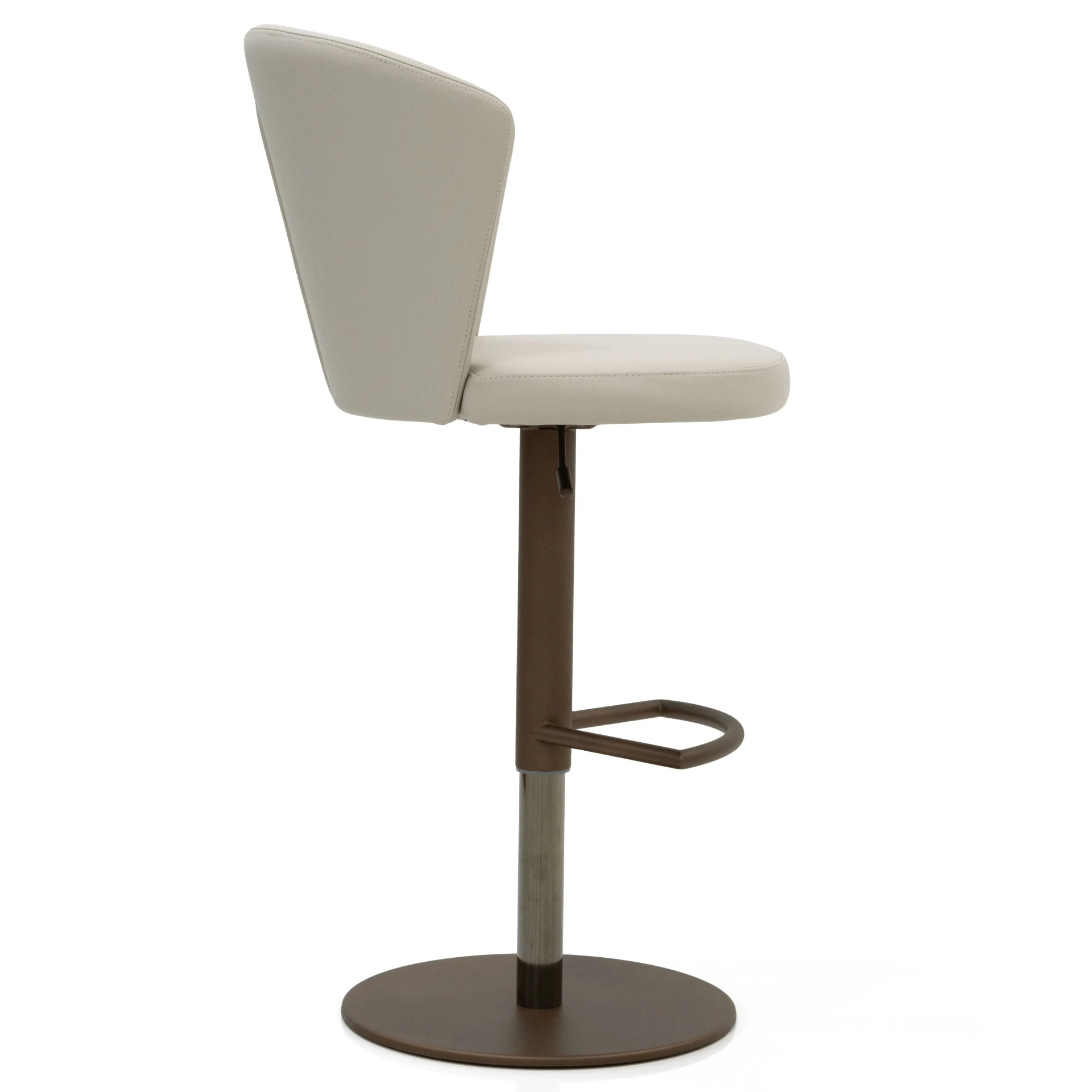 Tess Bar Stool in beige leather with bronze base, post, and footrest, side view, adjustable height.
