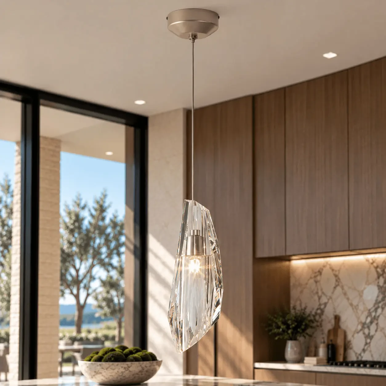 Luma Mini Pendant crystal light with soft gold finish in a modern kitchen, eye-level view showing faceted glass design.