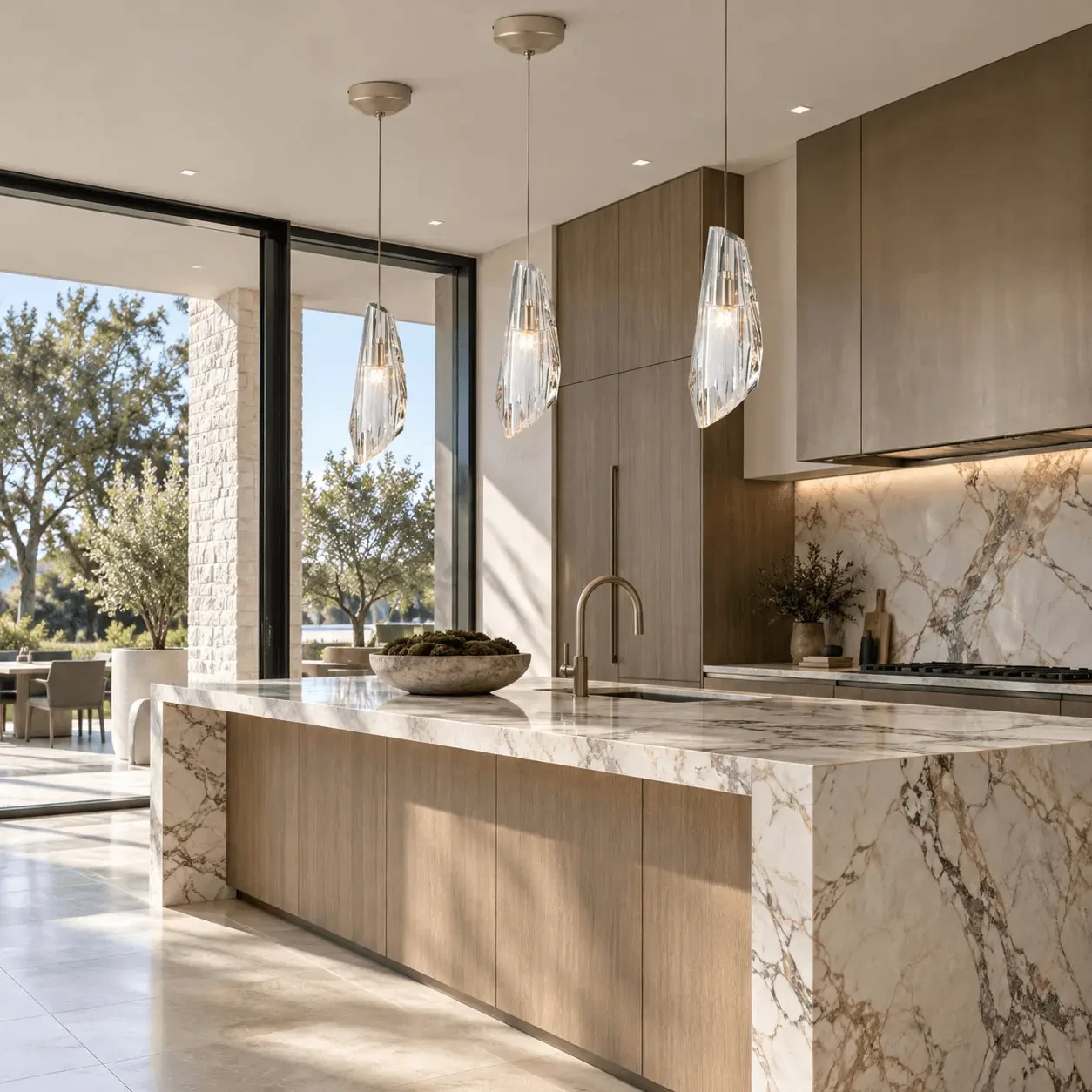 Three Luma Mini Pendants in Soft Gold and Crystal, modern style, hanging over a marble kitchen island, eye-level view.