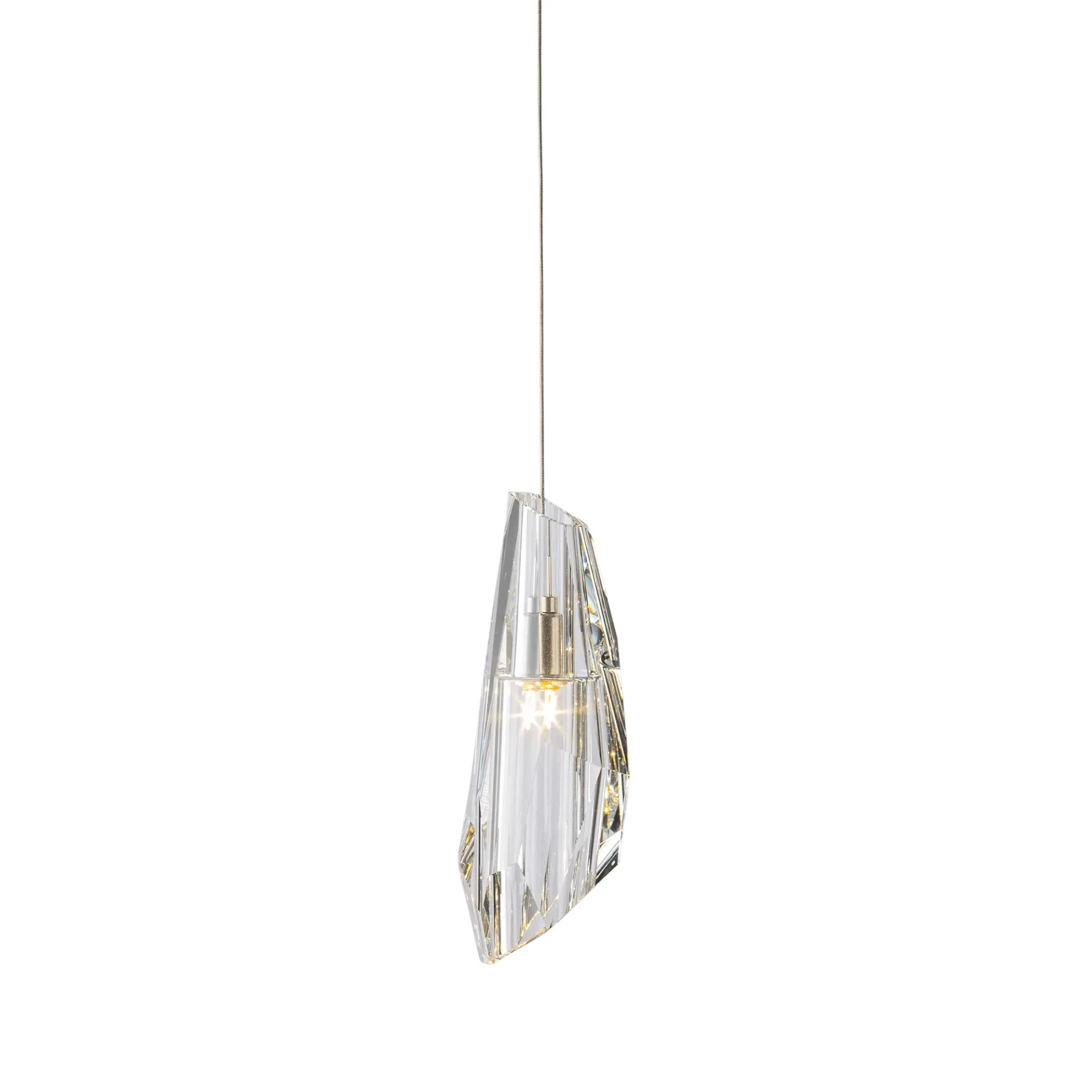 Luma Mini Pendant light, modern soft gold finish and crystal, faceted geometric shade, front view.