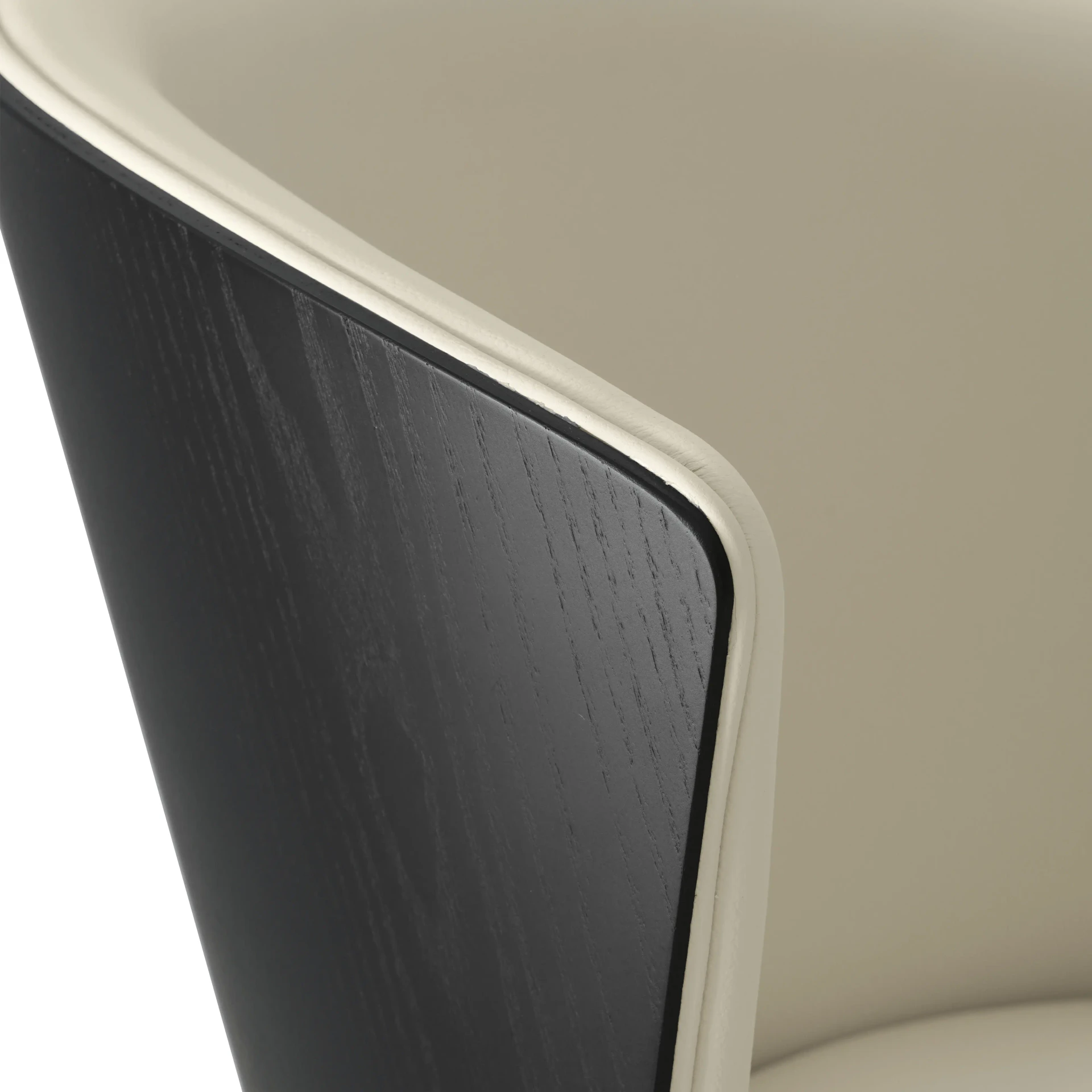 Closeup - Close-up angle of Tess Bar Stool featuring a black ash wood back and black leather seat.