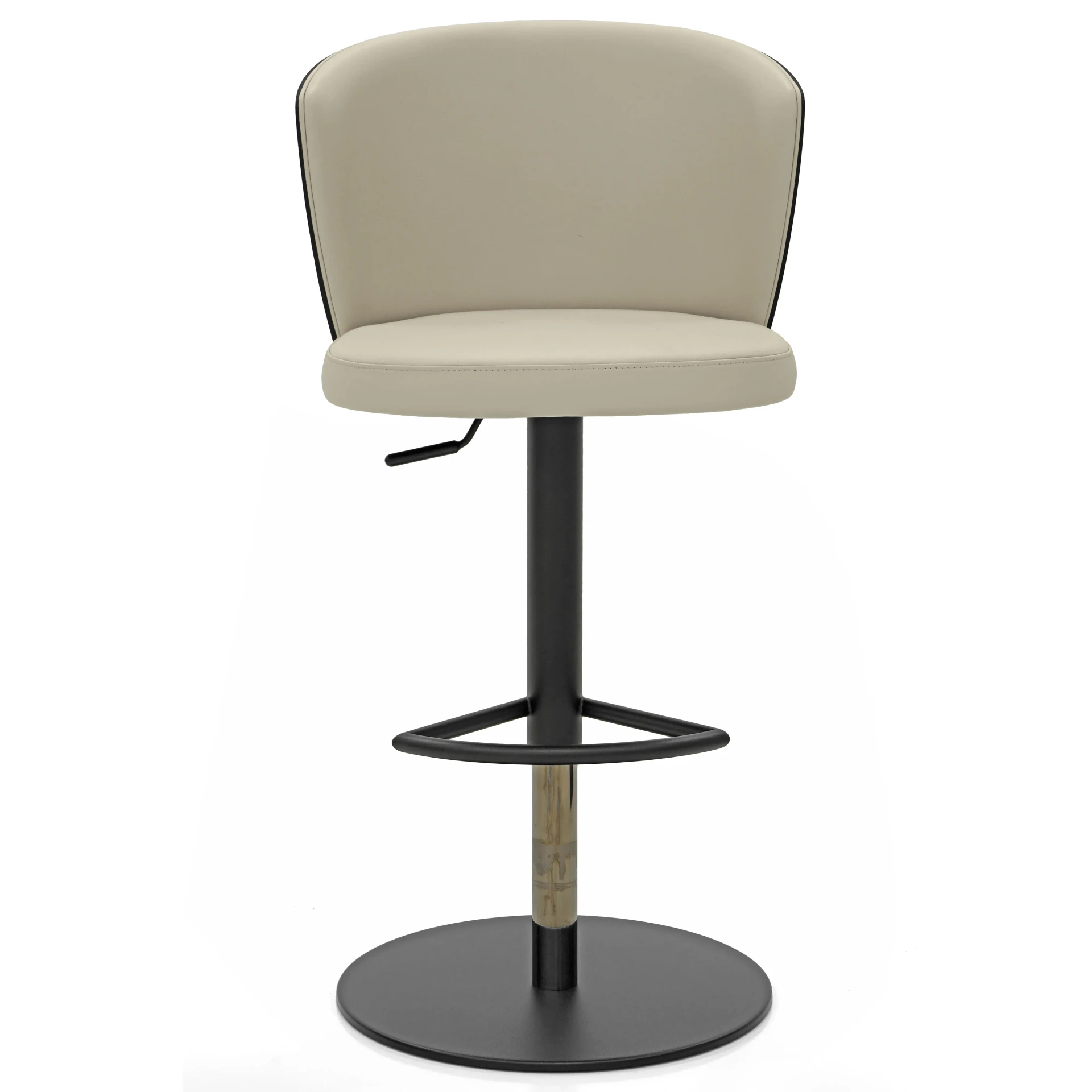 Tess Bar Stool - Wood, modern beige leather seat, black base, post and footrest, front view.