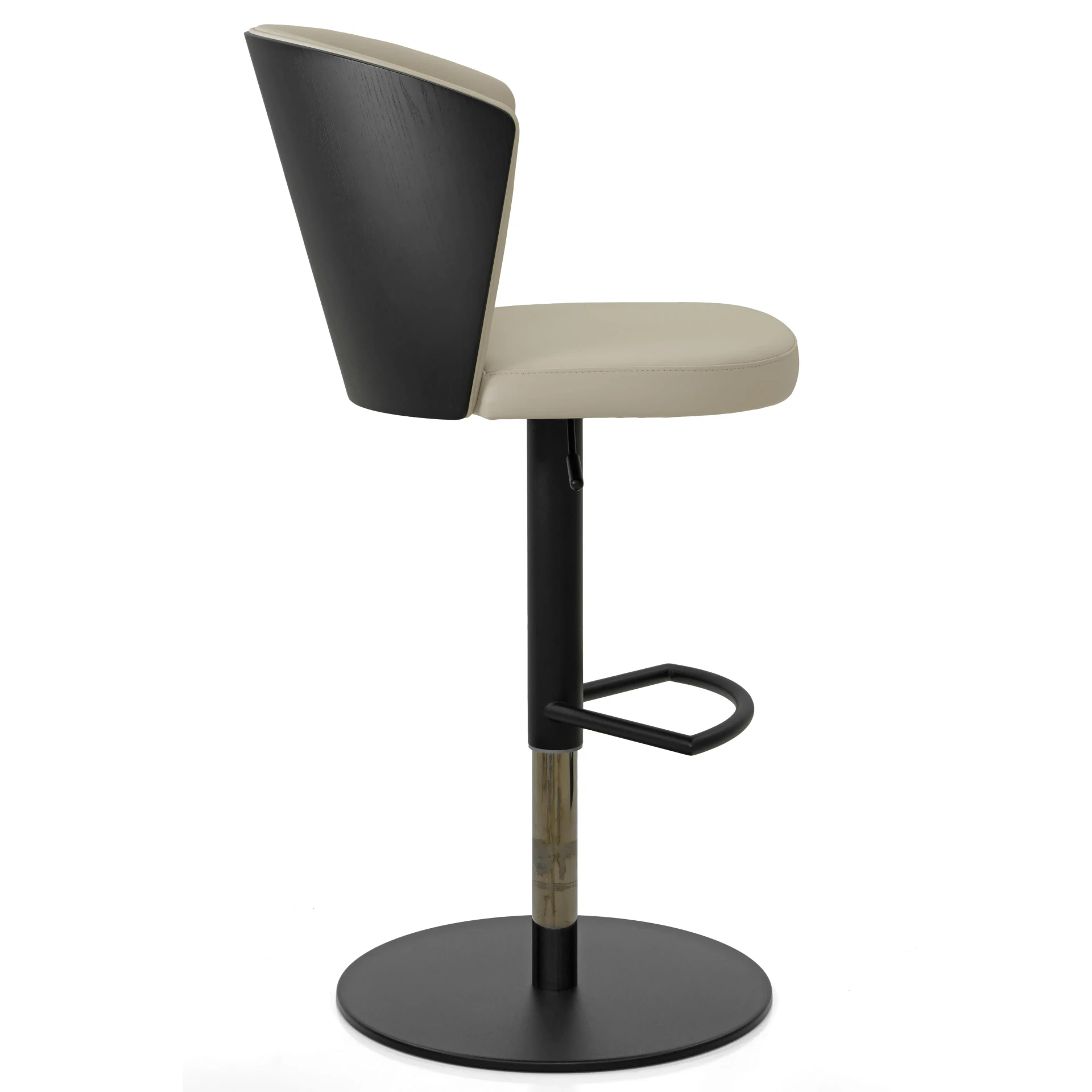 Tess Bar Stool - Wood, modern style, beige leather seat, black ash back, black base and footrest, side view.