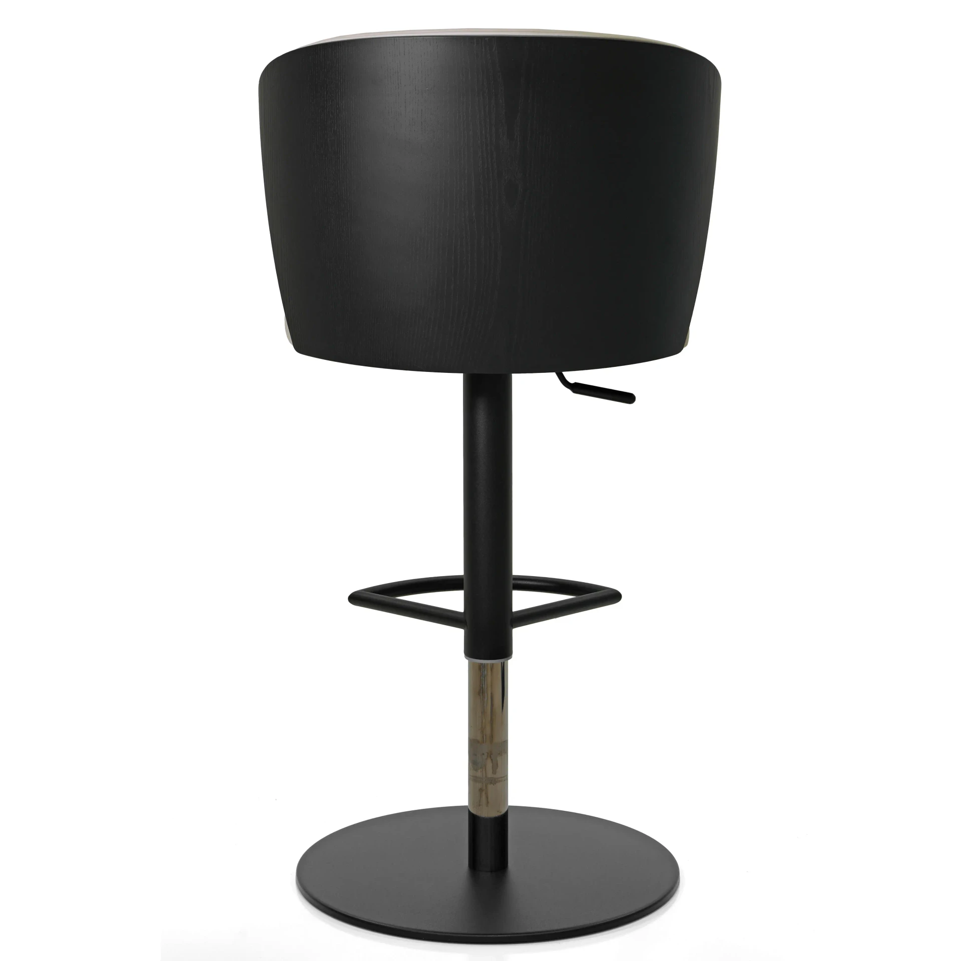 Tess Bar Stool - Wood, modern black ash back and leather seat with black base, footrest and chrome gas lift, side view.