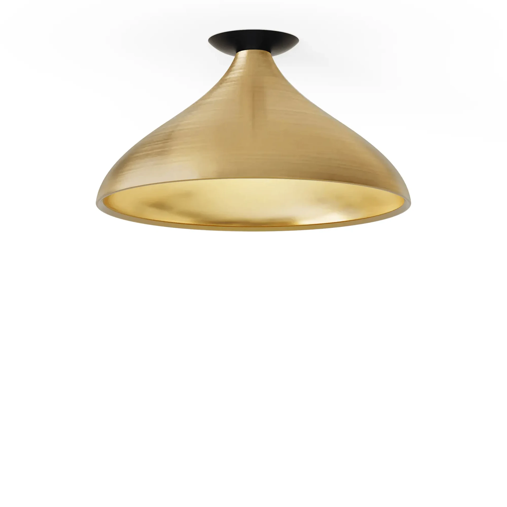 BRASS - Pablo Swell Flush Lamp Wide, modern gold brass interior and exterior, conical metal shade, bottom view against white