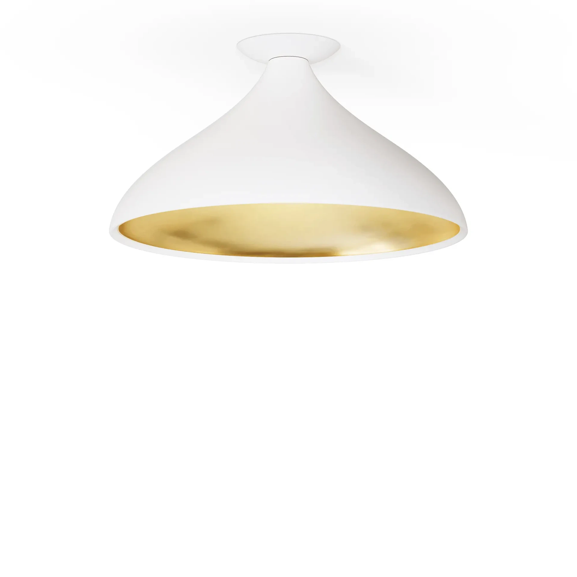 WHITE - Pablo Swell Flush Lamp Wide, matte white exterior with brass interior, modern ceiling light, straight-on view.