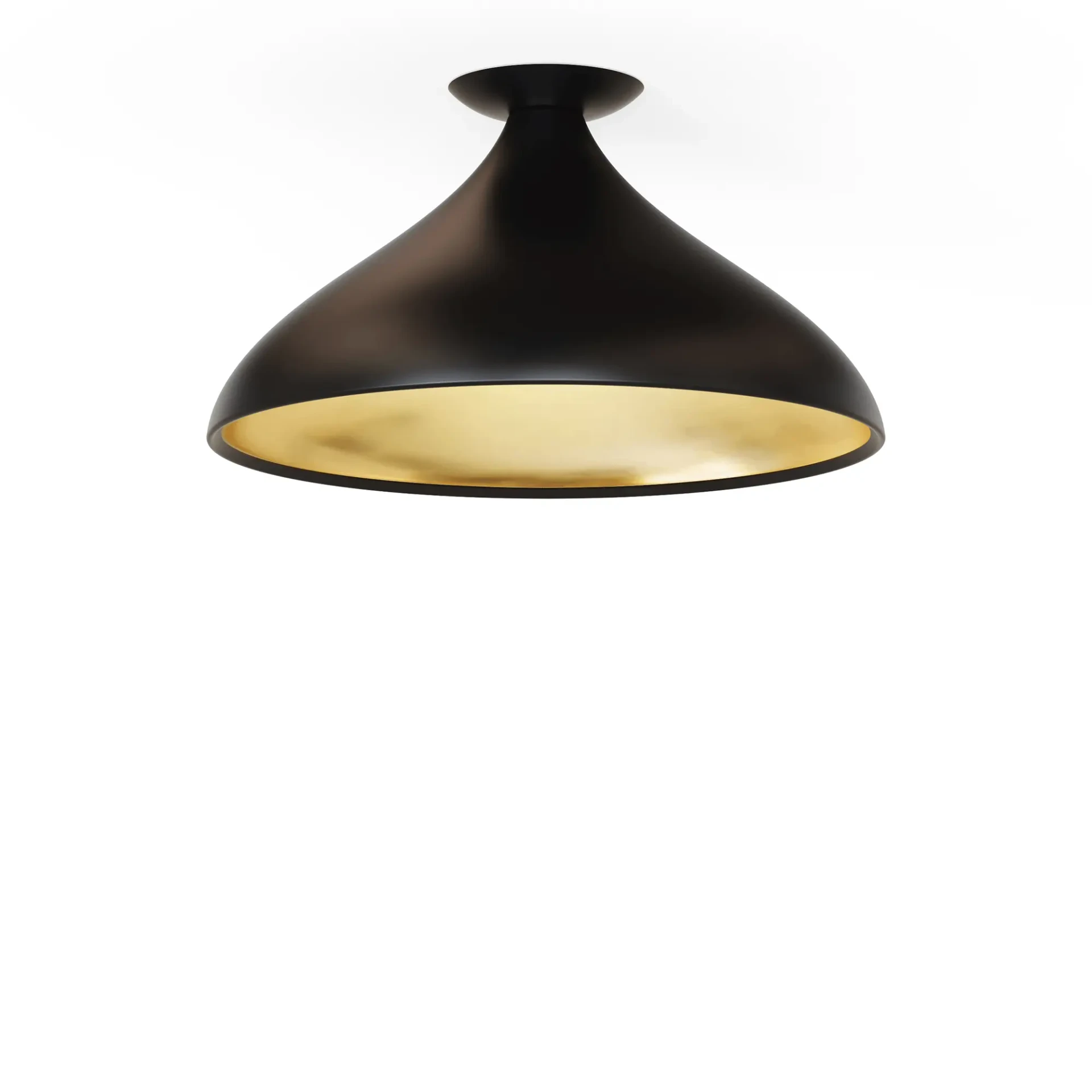 BLACK - Pablo Swell Flush Lamp Wide, matte black exterior with brass interior, modern LED ceiling light, low angle view