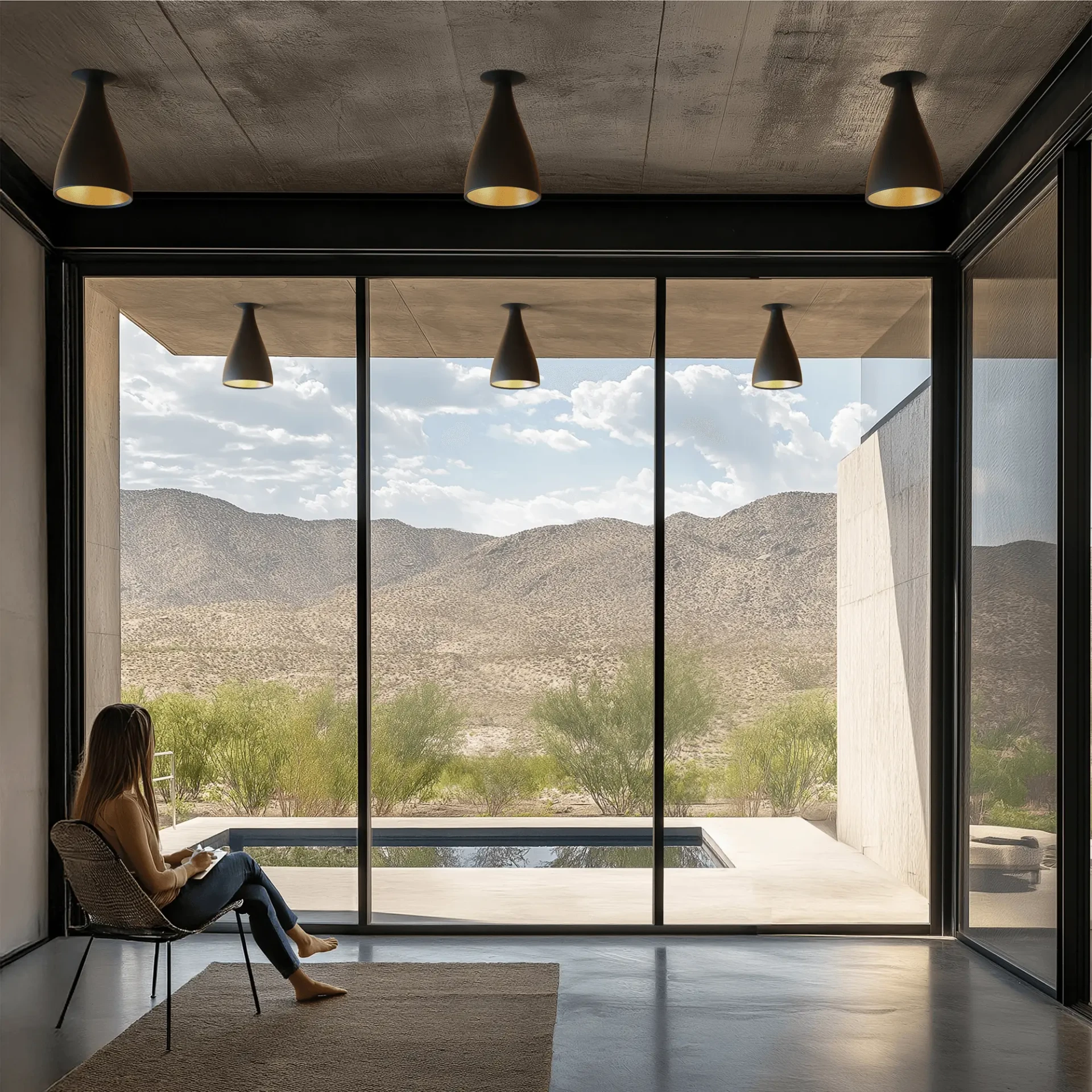 BLACK - Pablo Swell Xl Flush Lamp Narrow, matte black exterior, brass interior, LED, ceiling mount, living room, wide angle view