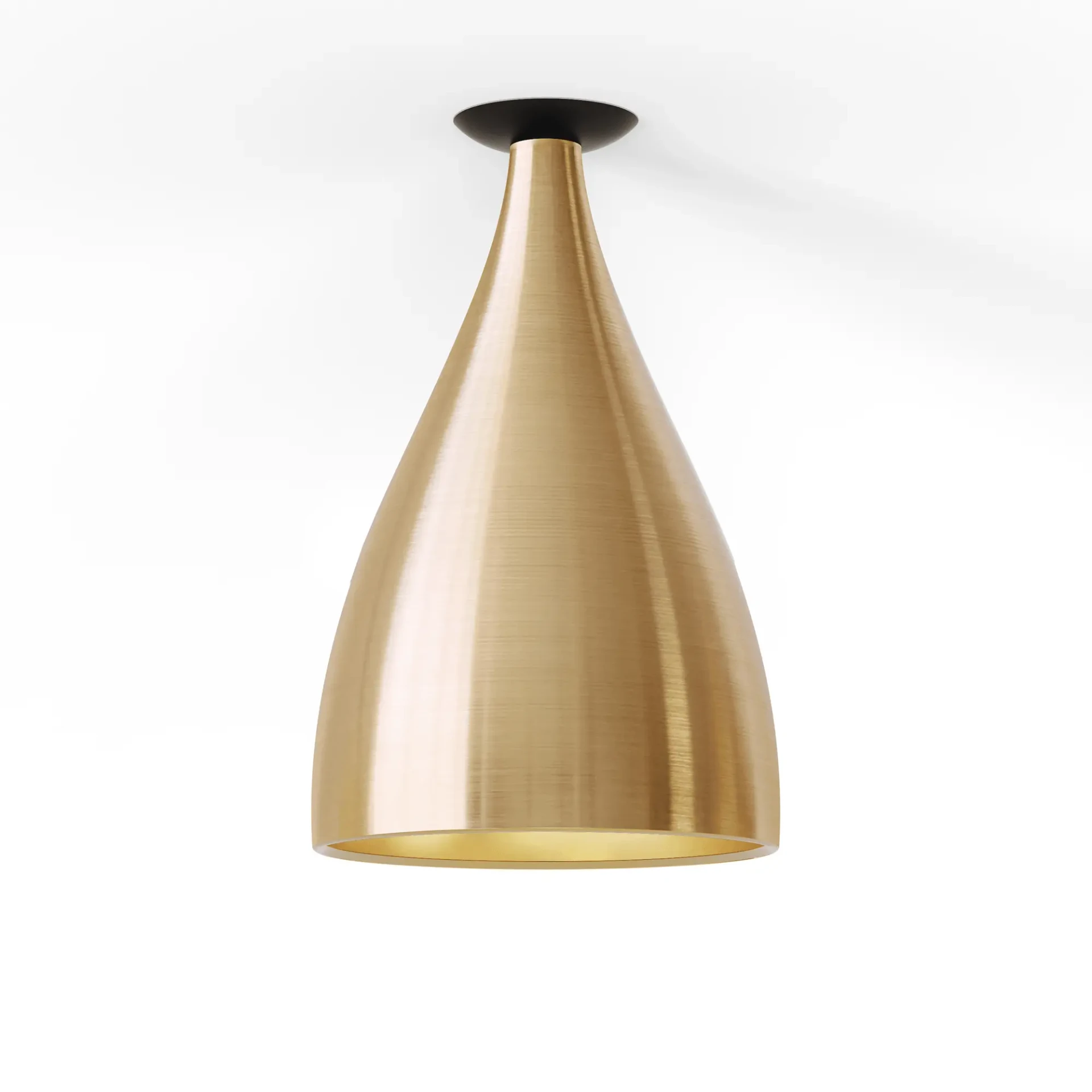 BRASS - Pablo Swell Xl Flush Lamp Narrow, modern cone pendant, brass interior and exterior, front view.