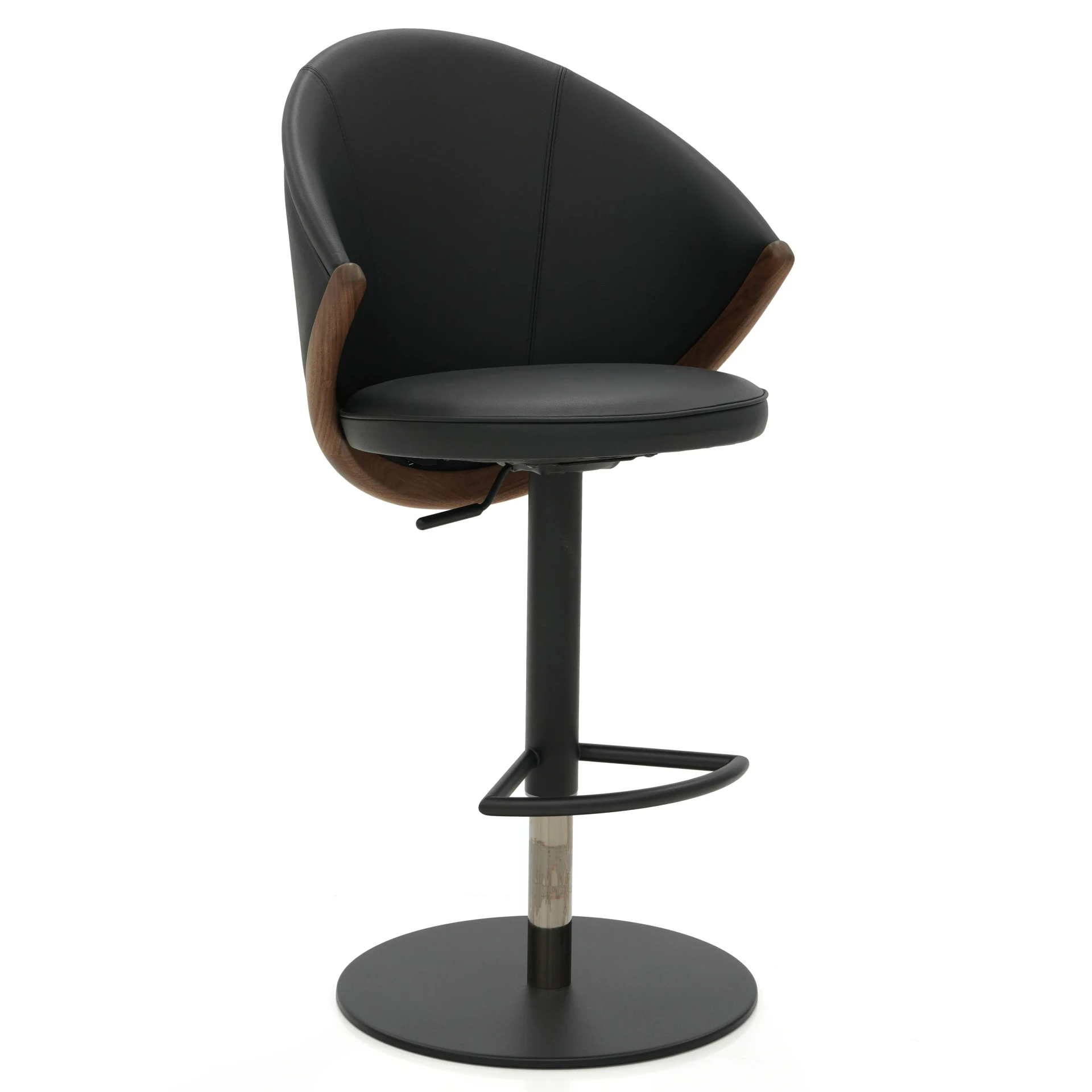 BLACK - Bow Bar Stool, modern style, black leather seat and back, oiled walnut arch accent, black base, 3/4 side view