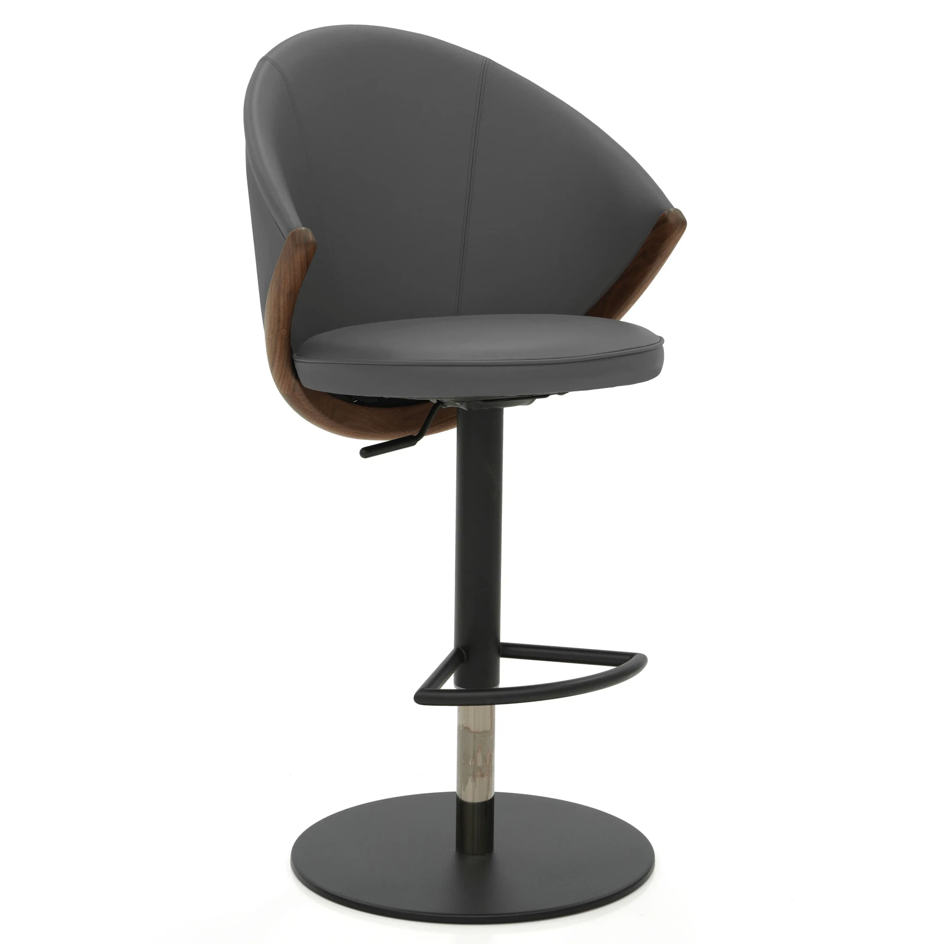 GREY - Bow Bar Stool, modern grey leather seat and back, oiled walnut arch accent, black base, side view.