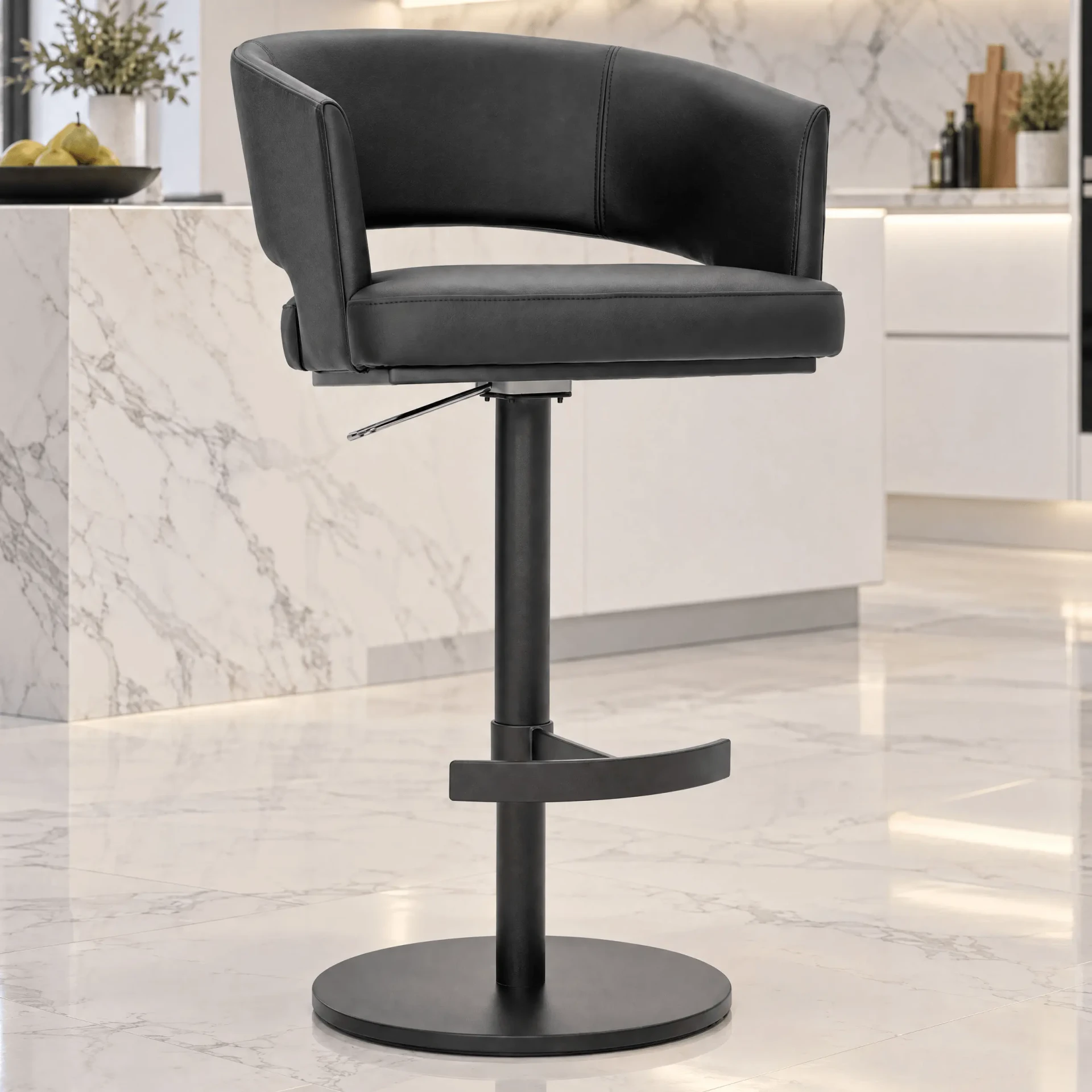Circa Adjustable Bar Stool in Ace Coal Ecopelle with Carbon Frame Post and Footrest, side view in a modern kitchen setting.