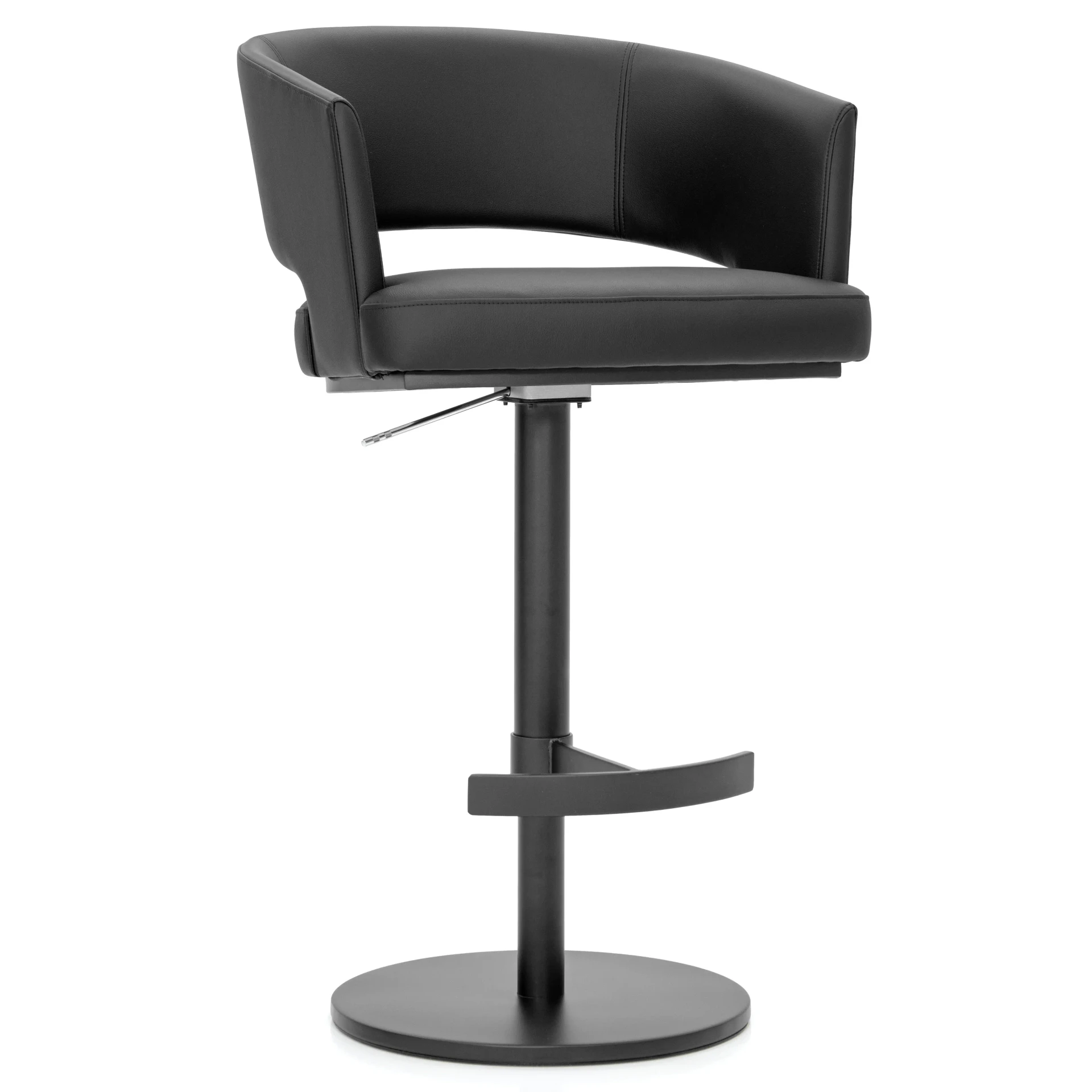 Circa Adjustable Bar Stool in Lavish Obsidian EcoPelle with Carbon Frame Post and Footrest, side view.