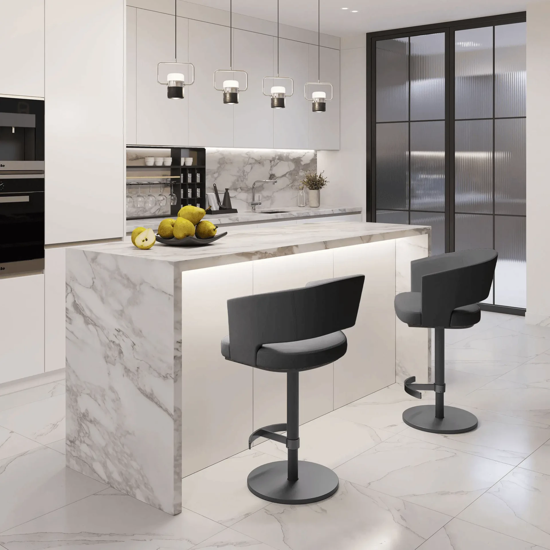 Circa Adjustable Bar Stool in Ace Coal Ecopelle with Carbon Frame Post and Footrest in a modern kitchen, front angle view.