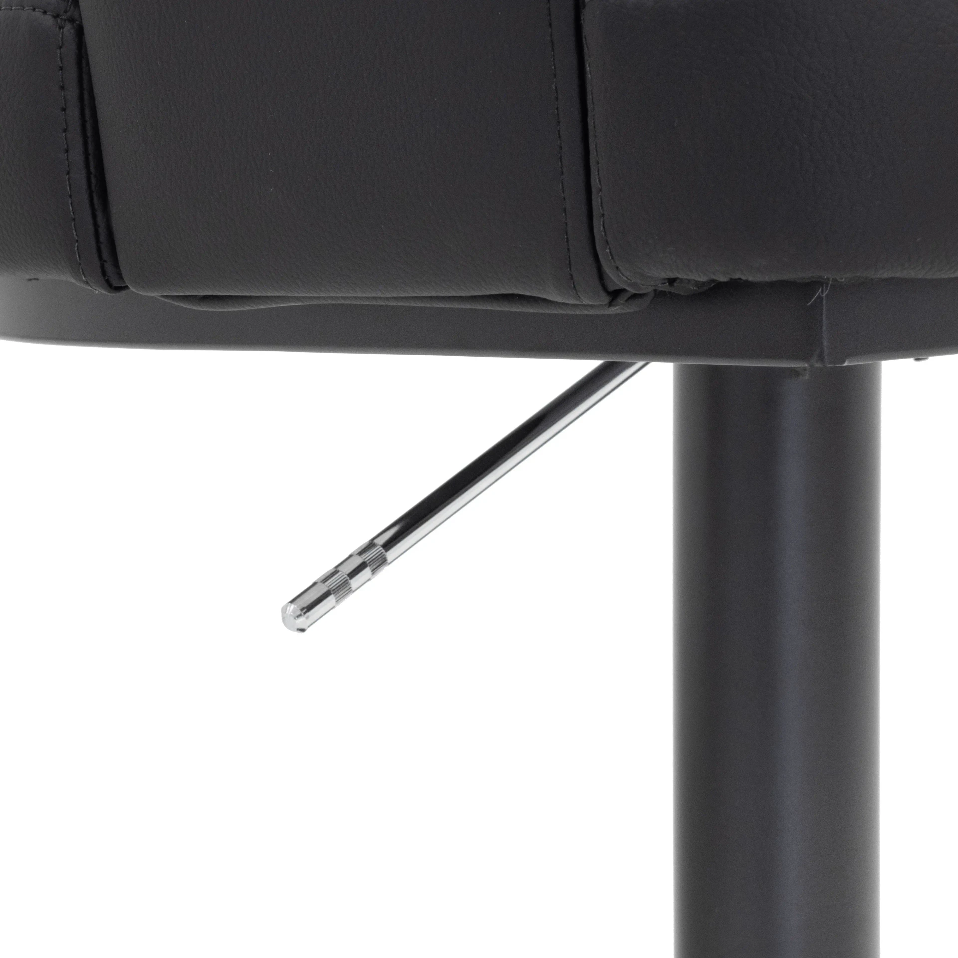 Closeup - Close-up side view of Circa Adjustable Bar Stool in Ace Coal Ecopelle with Carbon Frame Post and height adjustment lever.