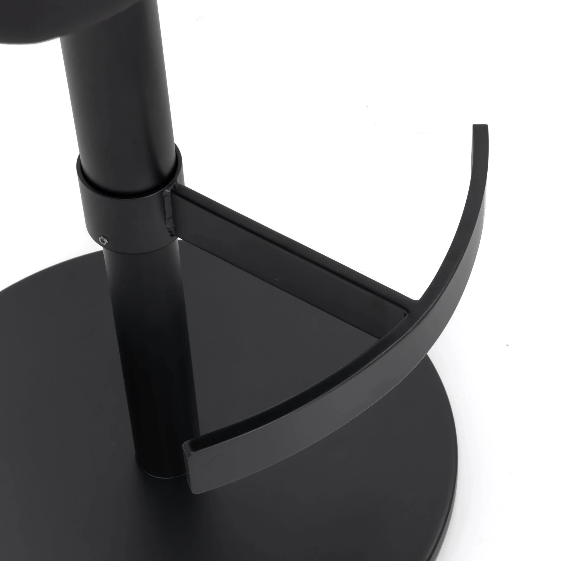 Closeup - Close-up of Circa Adjustable Bar Stool black metal footrest and base in Carbon Frame Post & Footrest finish.