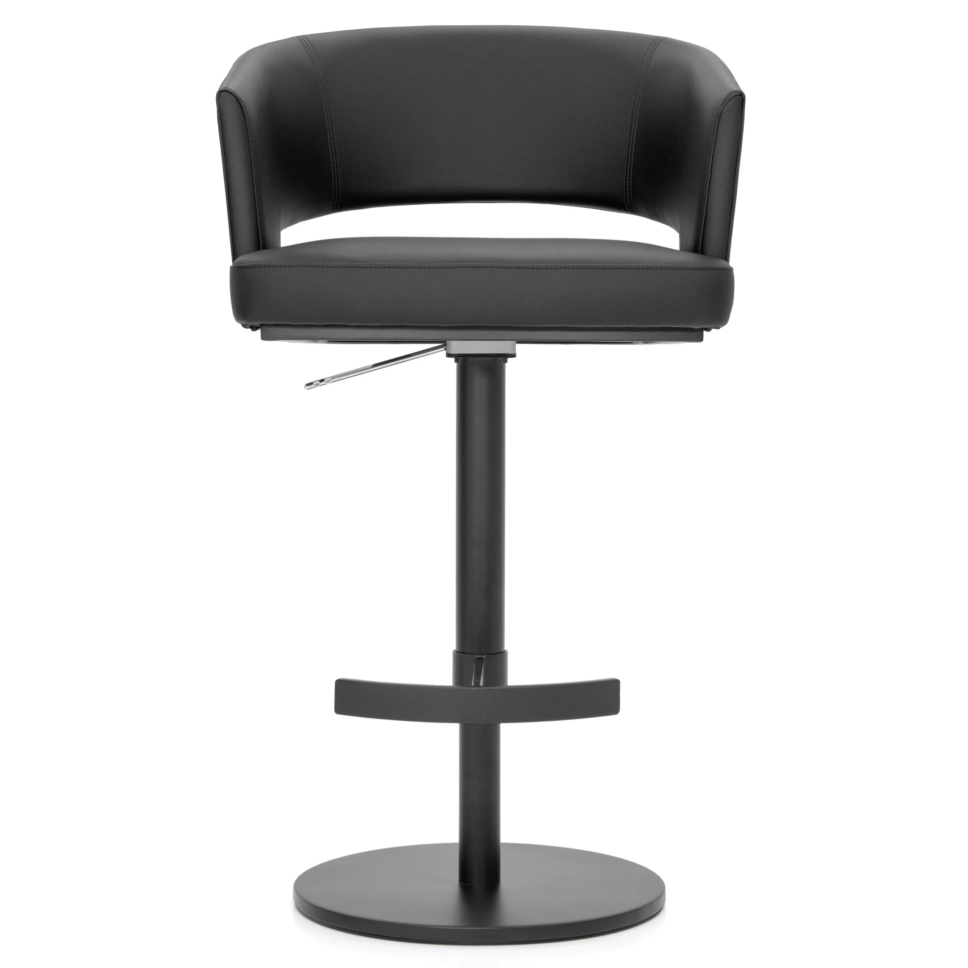 Front view of Circa Adjustable Bar Stool in Lavish Obsidian EcoPelle with Carbon Frame Post and Footrest.