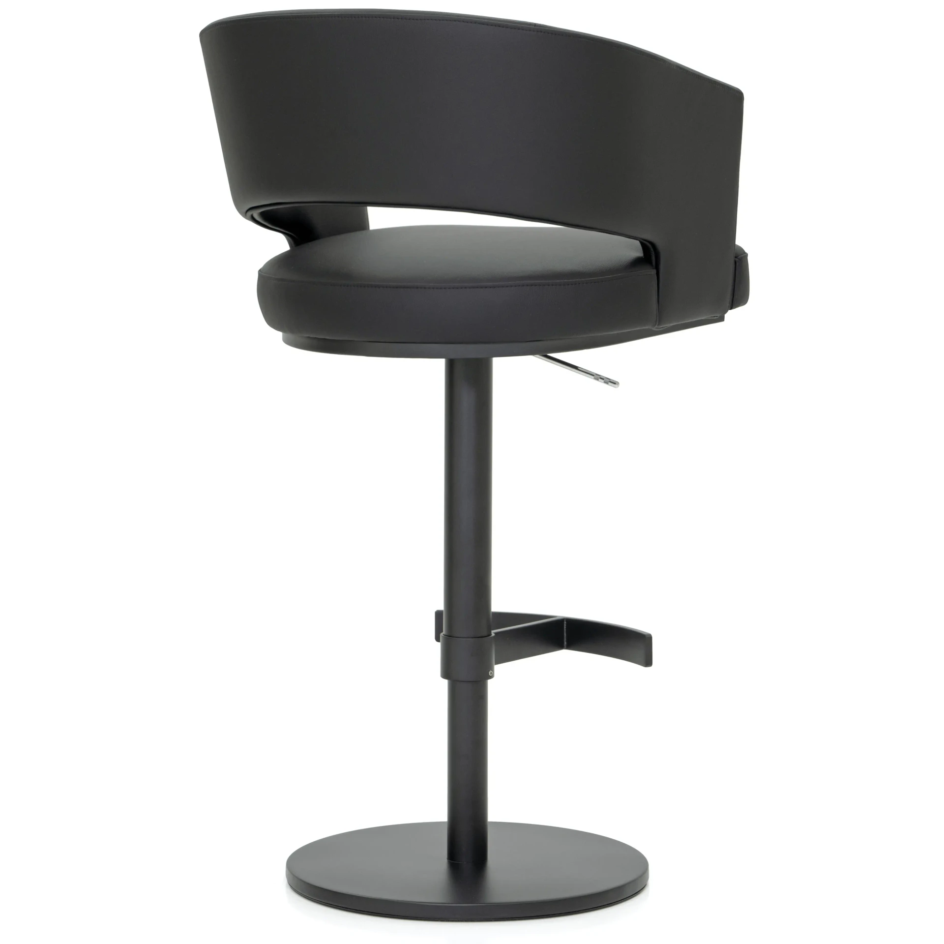 Circa Adjustable Bar Stool in Lavish Obsidian EcoPelle with Carbon Frame, Post and Footrest, side view angle