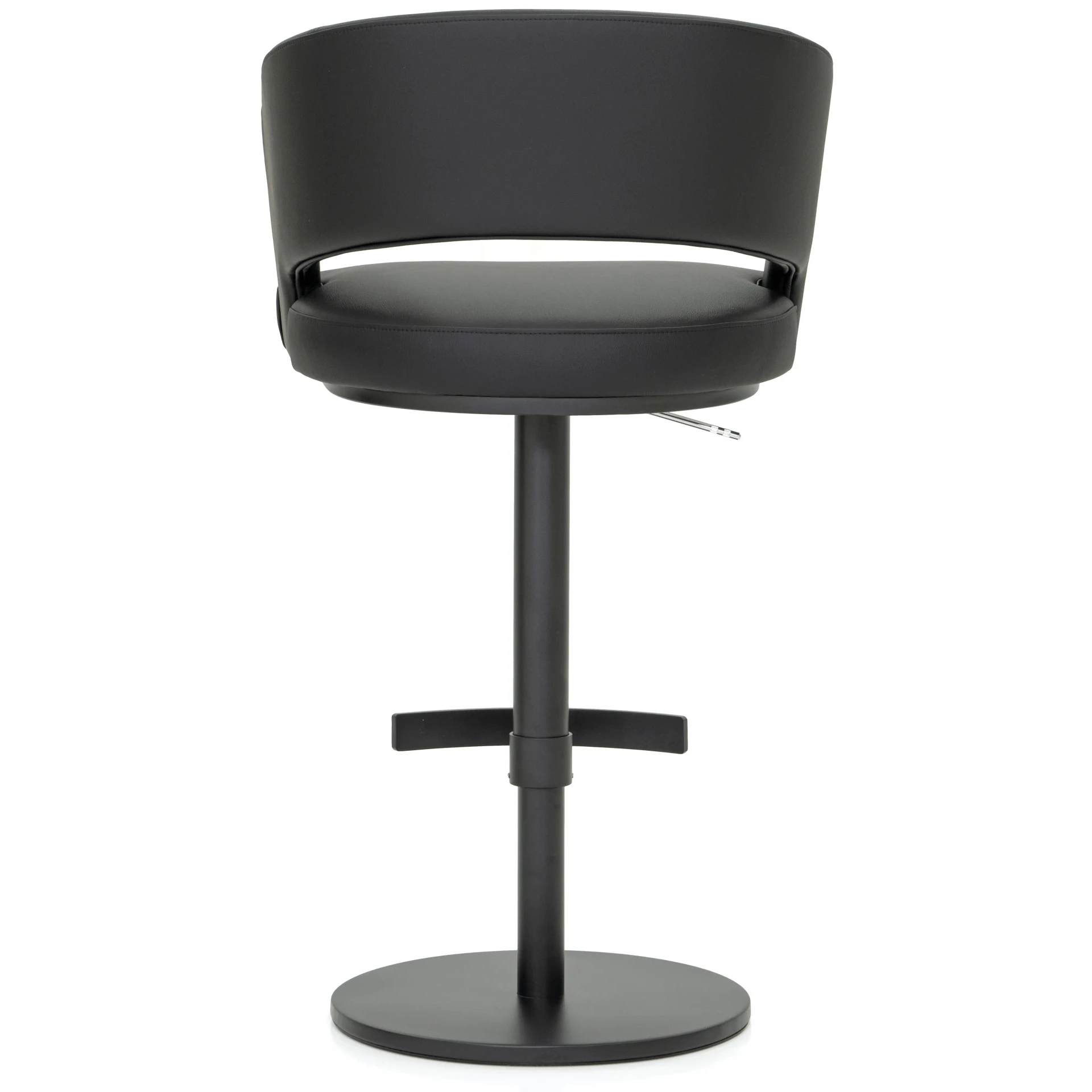 Circa Adjustable Bar Stool in Lavish Obsidian EcoPelle with Carbon Frame, Post and Footrest, rear view.