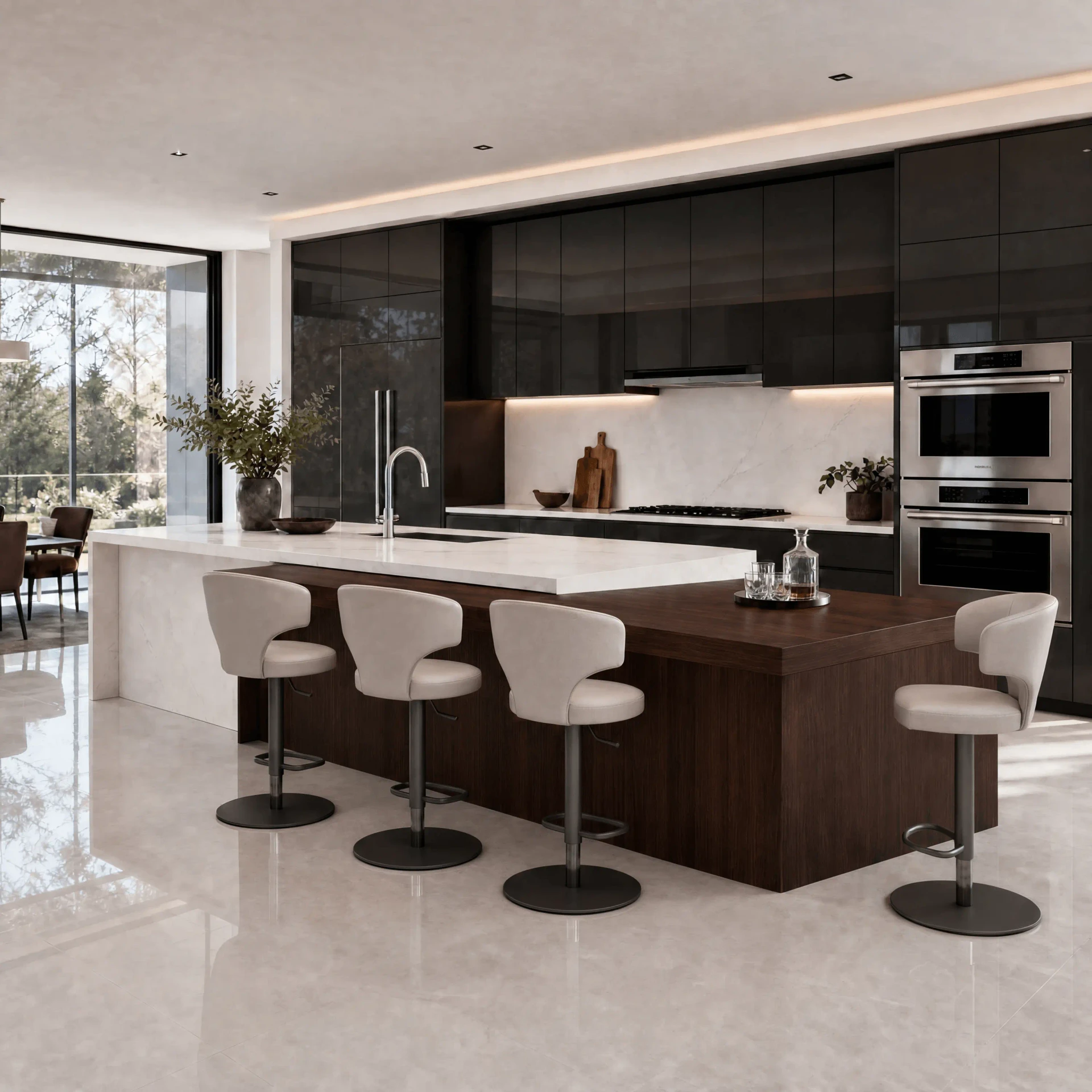 BEIGE - Modern kitchen with dark wood island, white quartz countertop, four beige swivel bar stools, wide angle view.