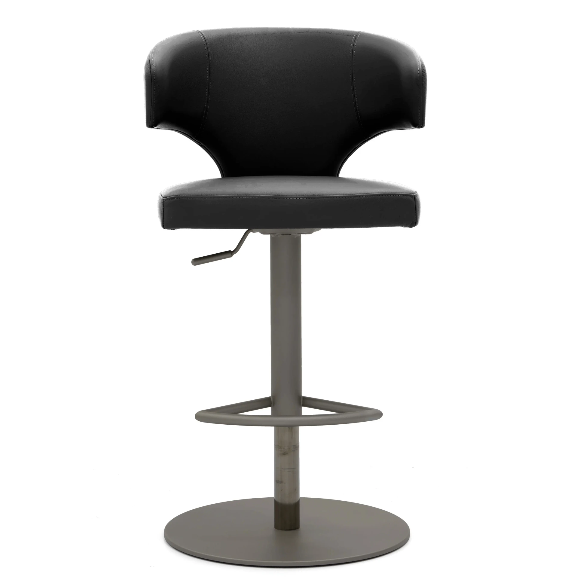 BLACK - Black faux leather modern bar stool with curved backrest, adjustable height, and grey metal base, front view.