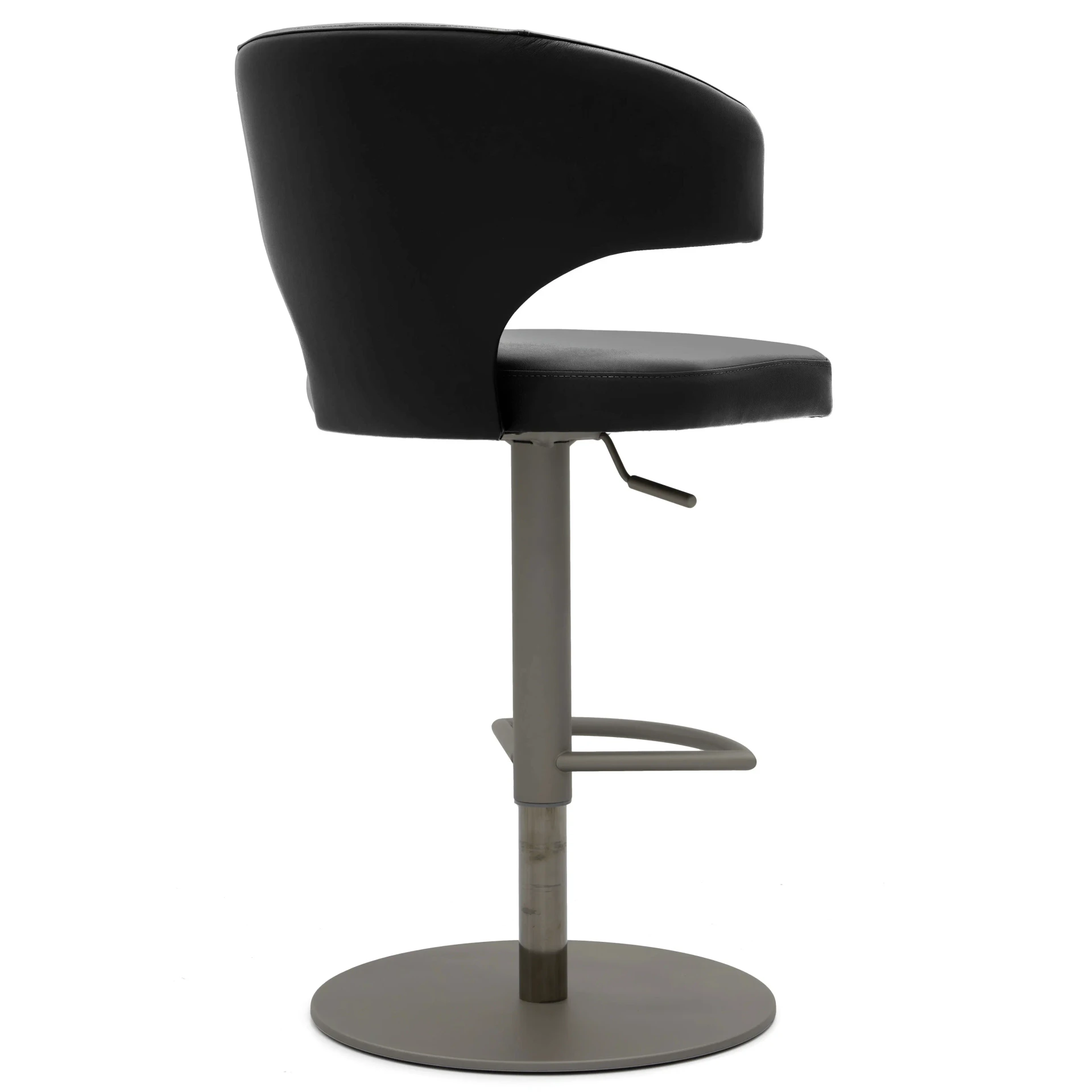 BLACK - Black faux leather modern bar stool with curved back, adjustable height, footrest, and pedestal base, side view.
