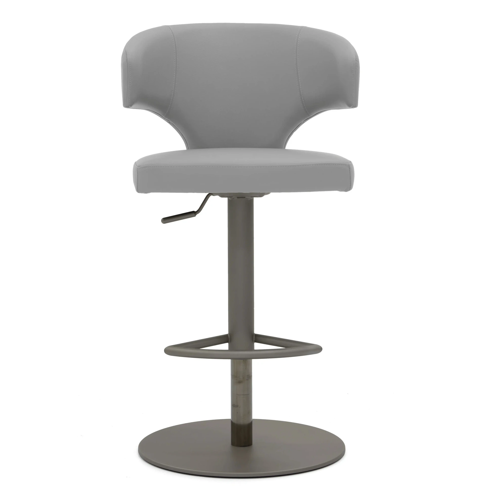 WINTER GREY - Grey faux leather modern swivel bar stool with adjustable height, footrest, and round base, front view.