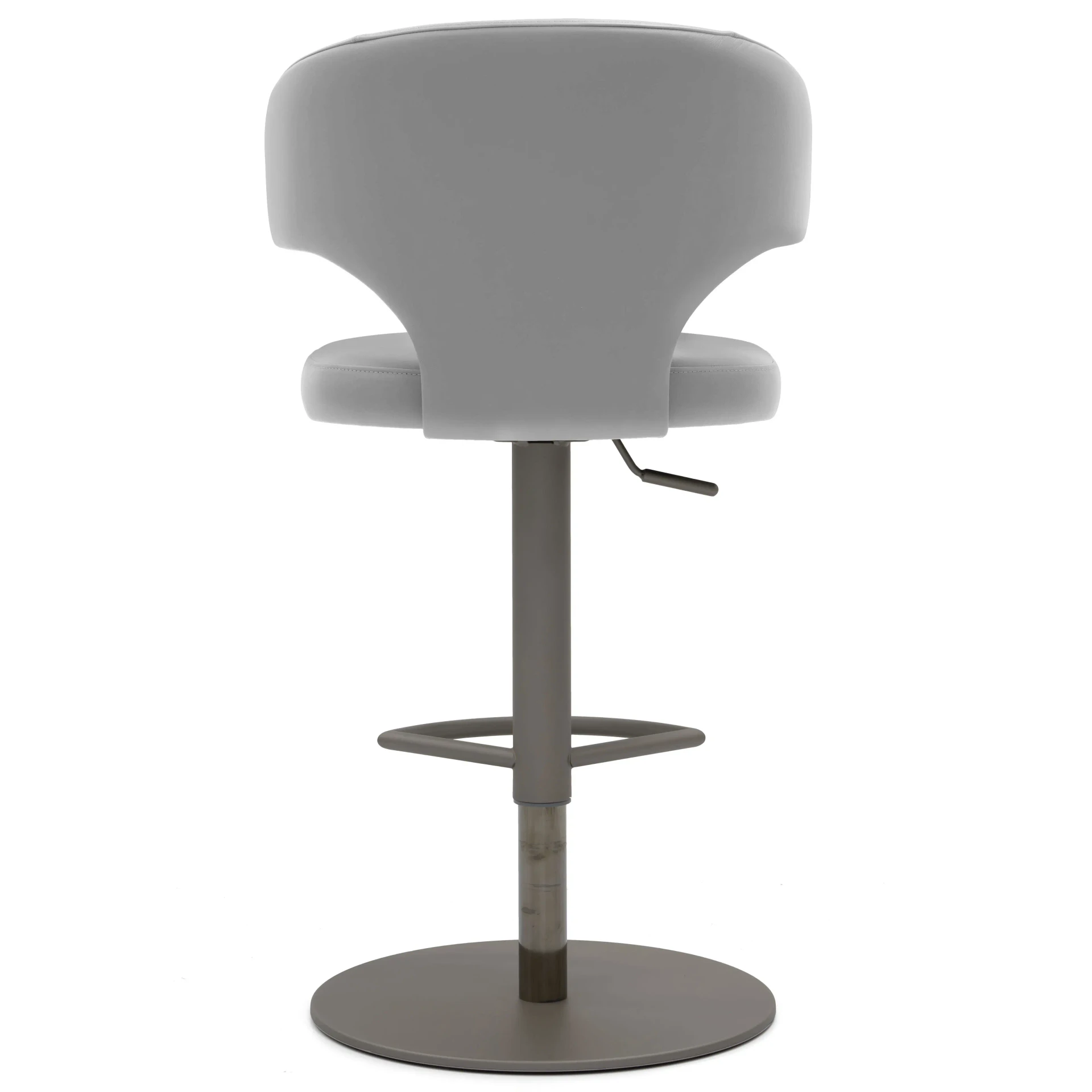 WINTER GREY - Grey modern faux leather swivel bar stool with adjustable height, footrest and round base, rear view.