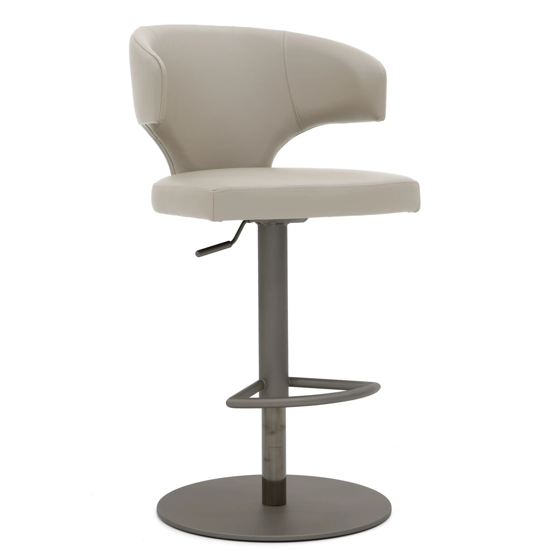 IVORY - Modern beige faux leather swivel bar stool with curved back, adjustable height, and grey pedestal base, side view.
