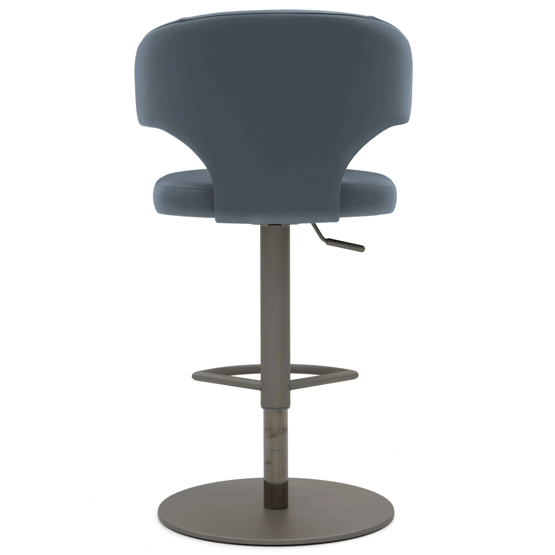 BLUE - Rear view of a modern blue faux leather swivel bar stool with a grey metal pedestal base and height adjustment lever.