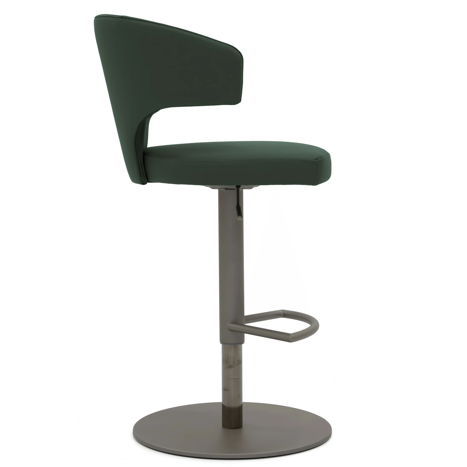 DARK GREEN - Modern green faux leather swivel bar stool with low back, metal pedestal base and footrest, side view.