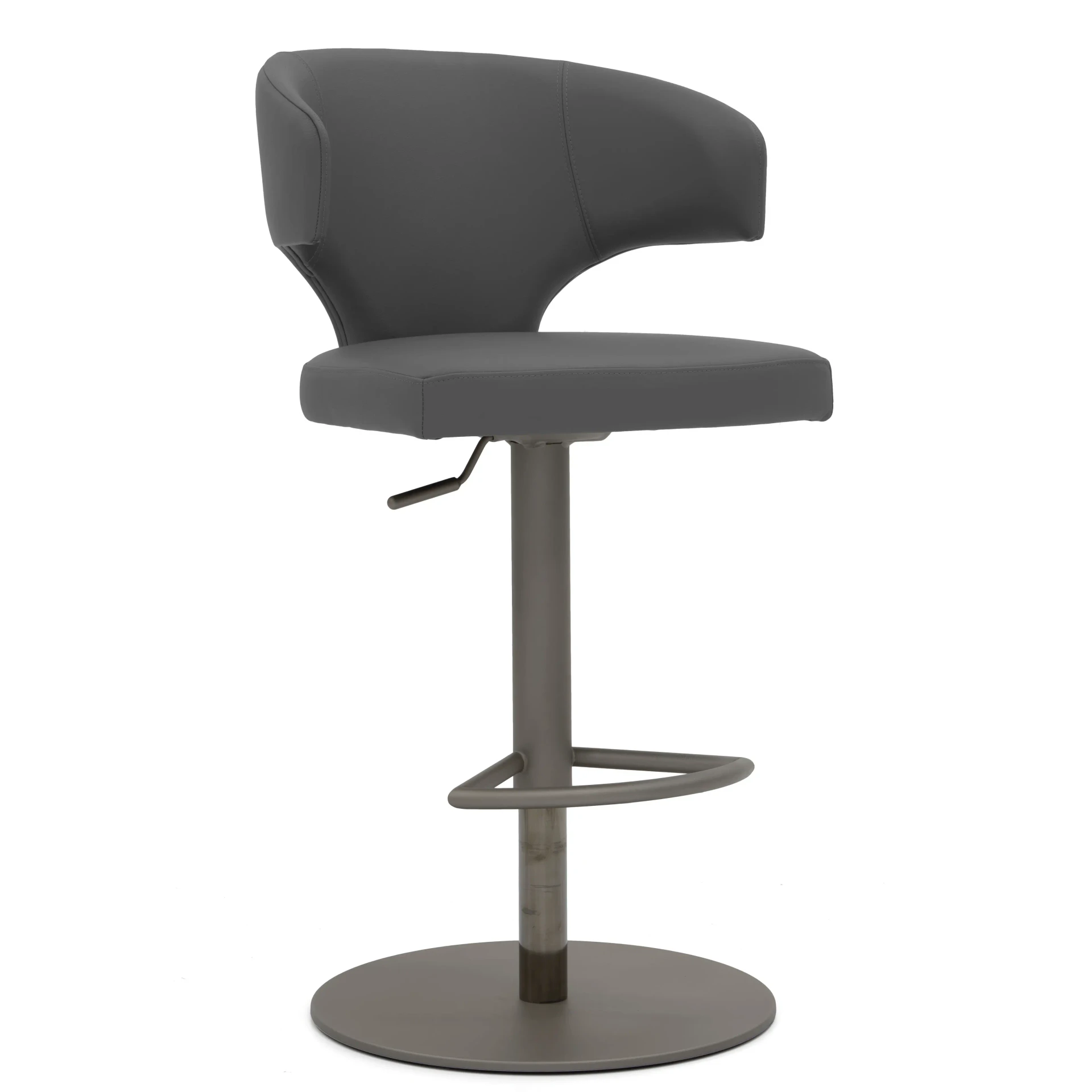 GREY - Grey faux leather modern swivel bar stool with curved back, adjustable height, and round base, side view.