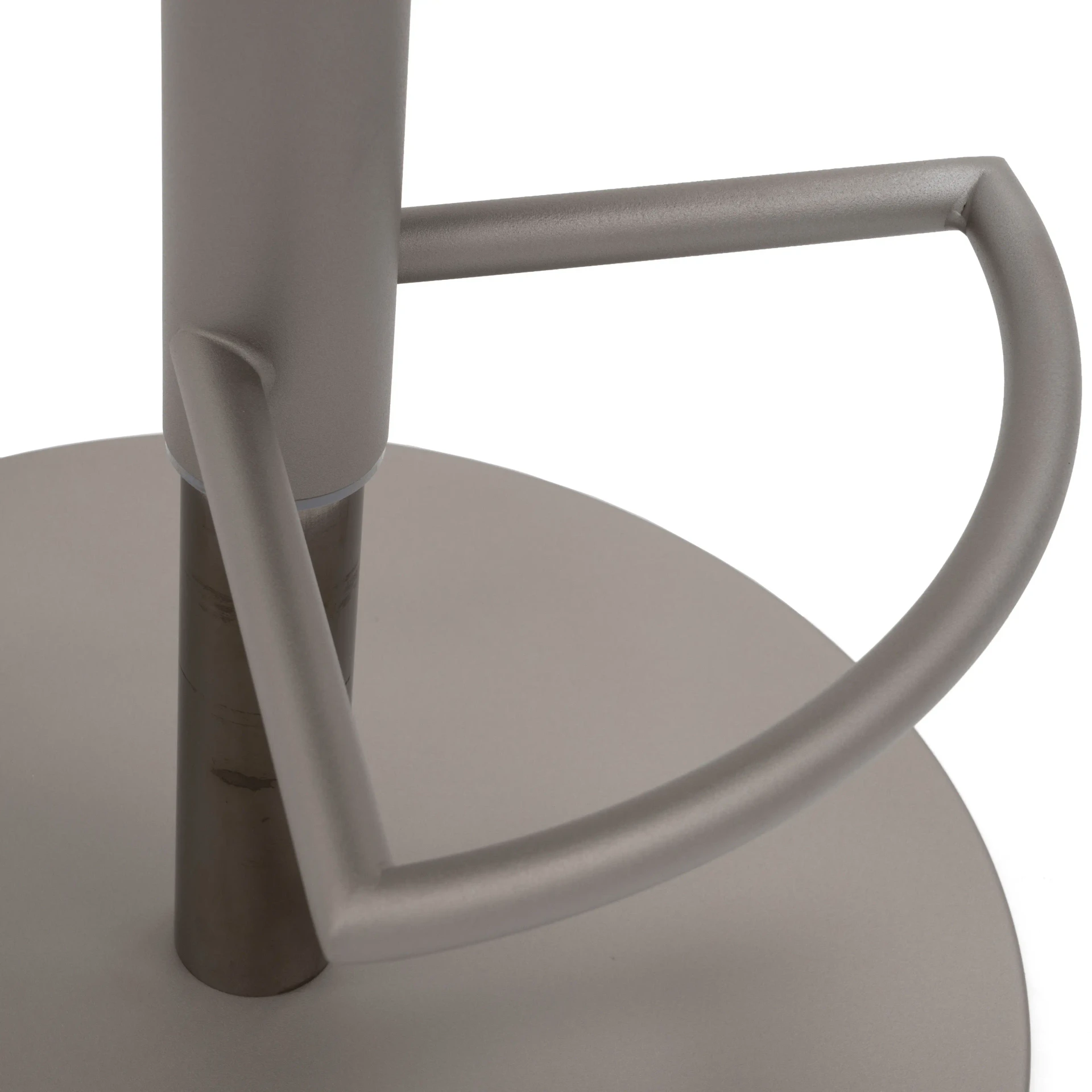 GREY || Closeup - Close-up side view of a grey metal modern bar stool base featuring a circular footrest and round pedestal base.