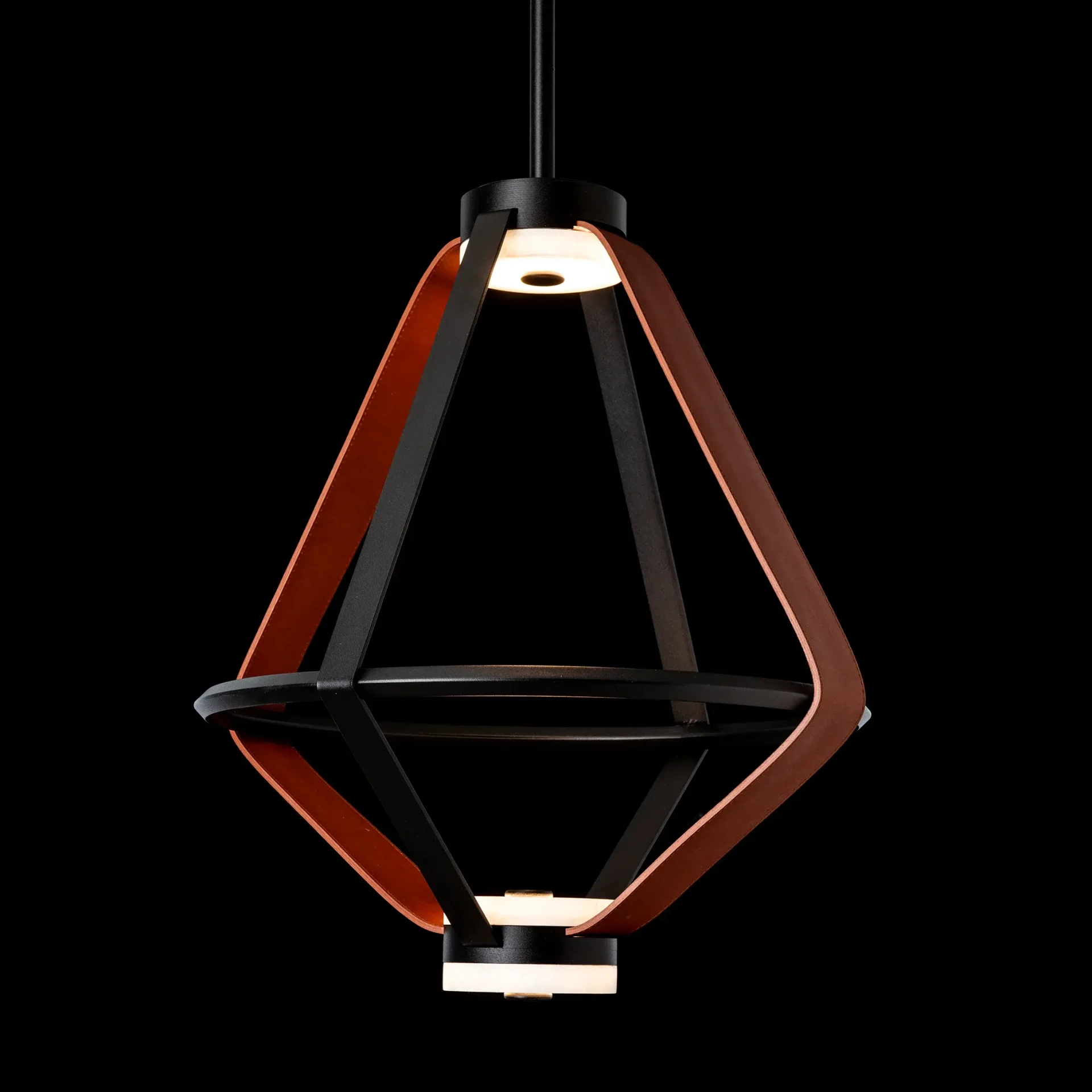 Aspen Led Small Pendant, modern black metal and chestnut leather with alabaster, integrated LED, front view.