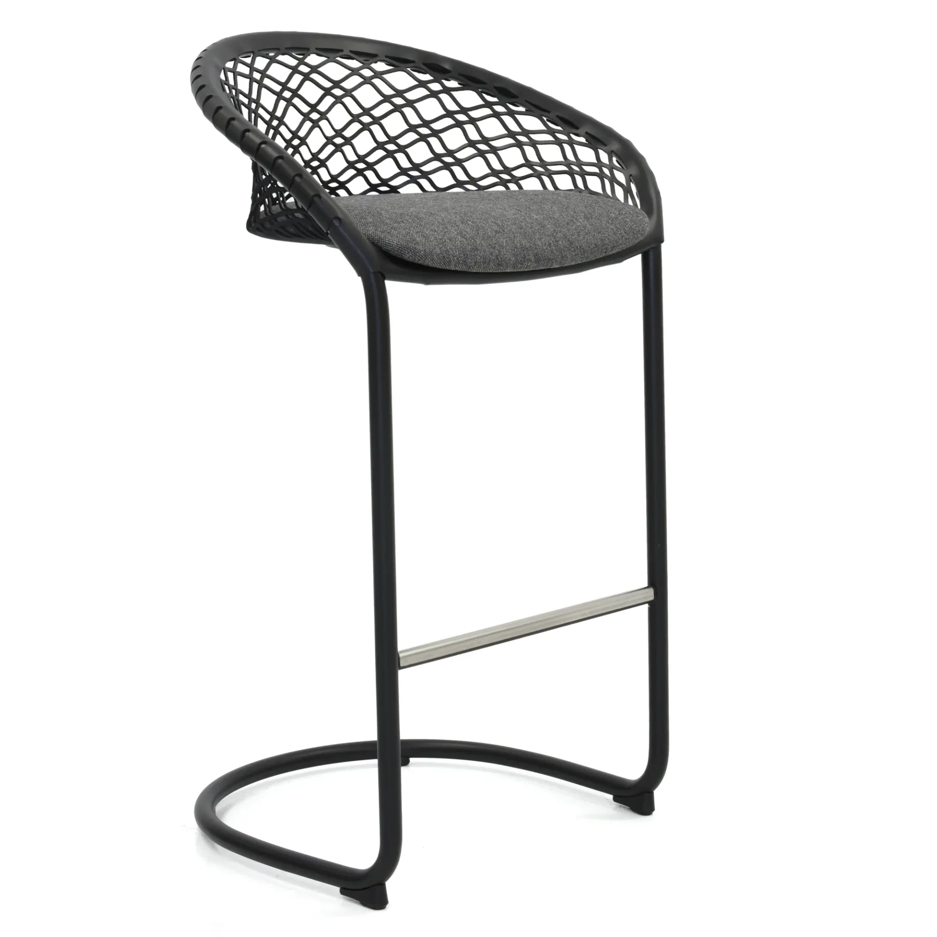 P47 Bar Stool, modern style, black lacquered metal frame, flax/black fabric seat, mesh back, 3/4 view angle