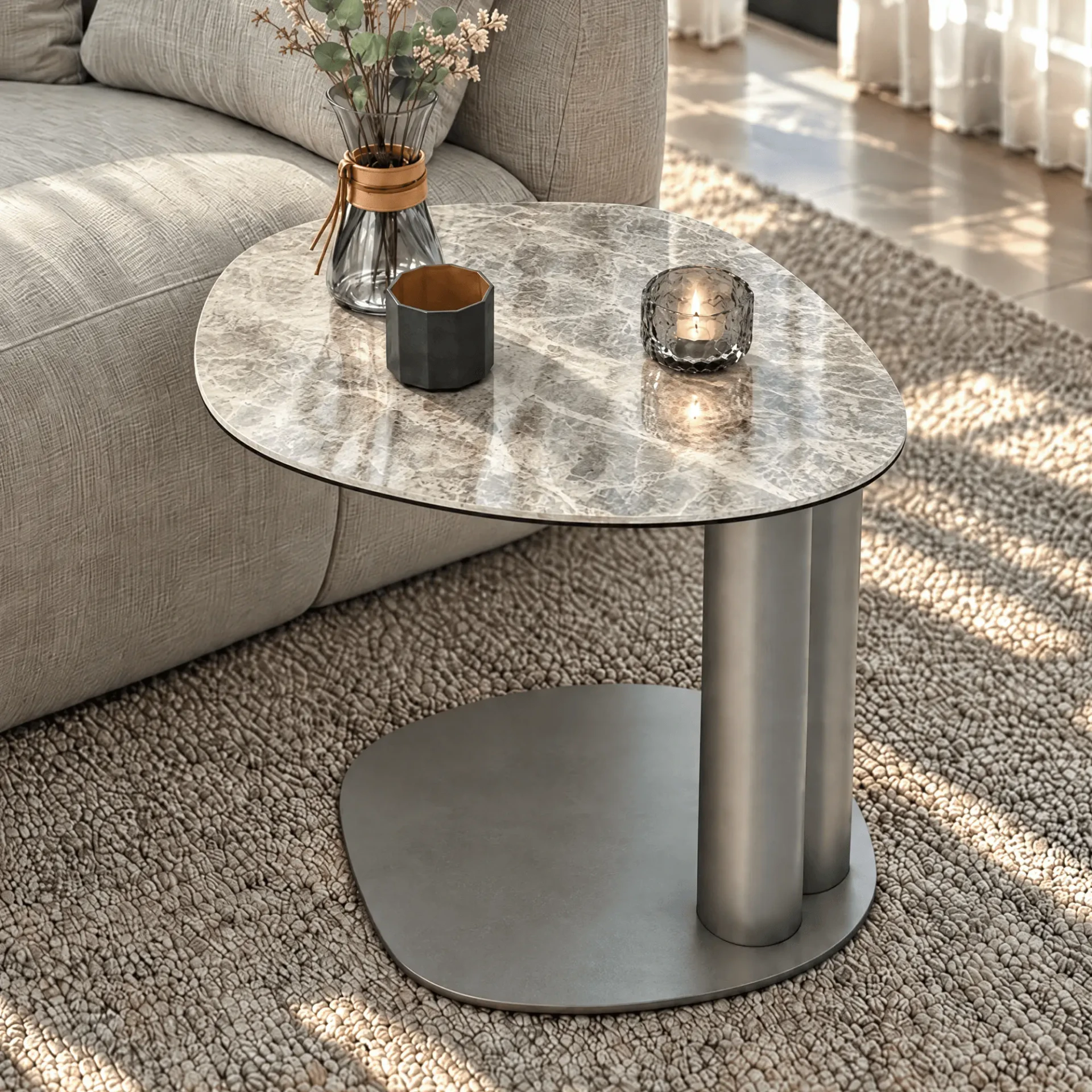 B - Modern side table with grey marble top and silver metal base, viewed from a high angle in a living room setting.