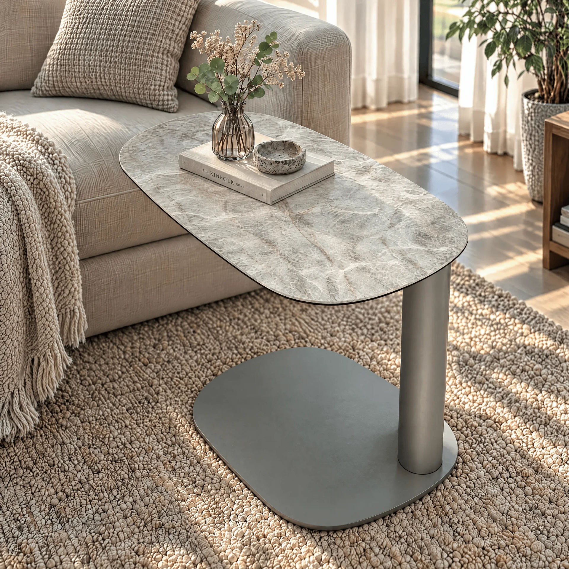 A - Oval modern side table with grey marble top and metal base, angled view in a living room setting.