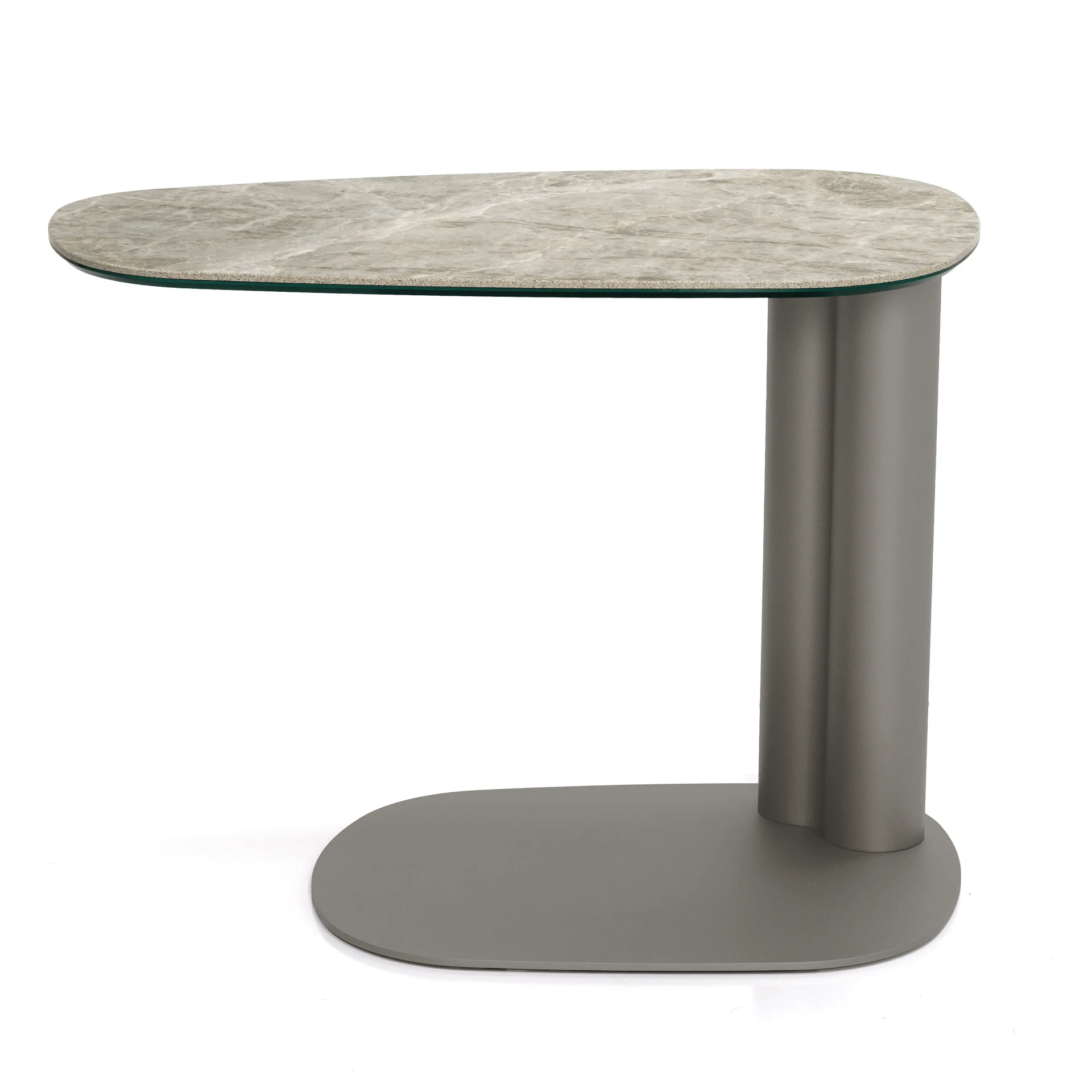 A - Modern side table with grey marble top, grey metal cylindrical leg and oval base, side view.