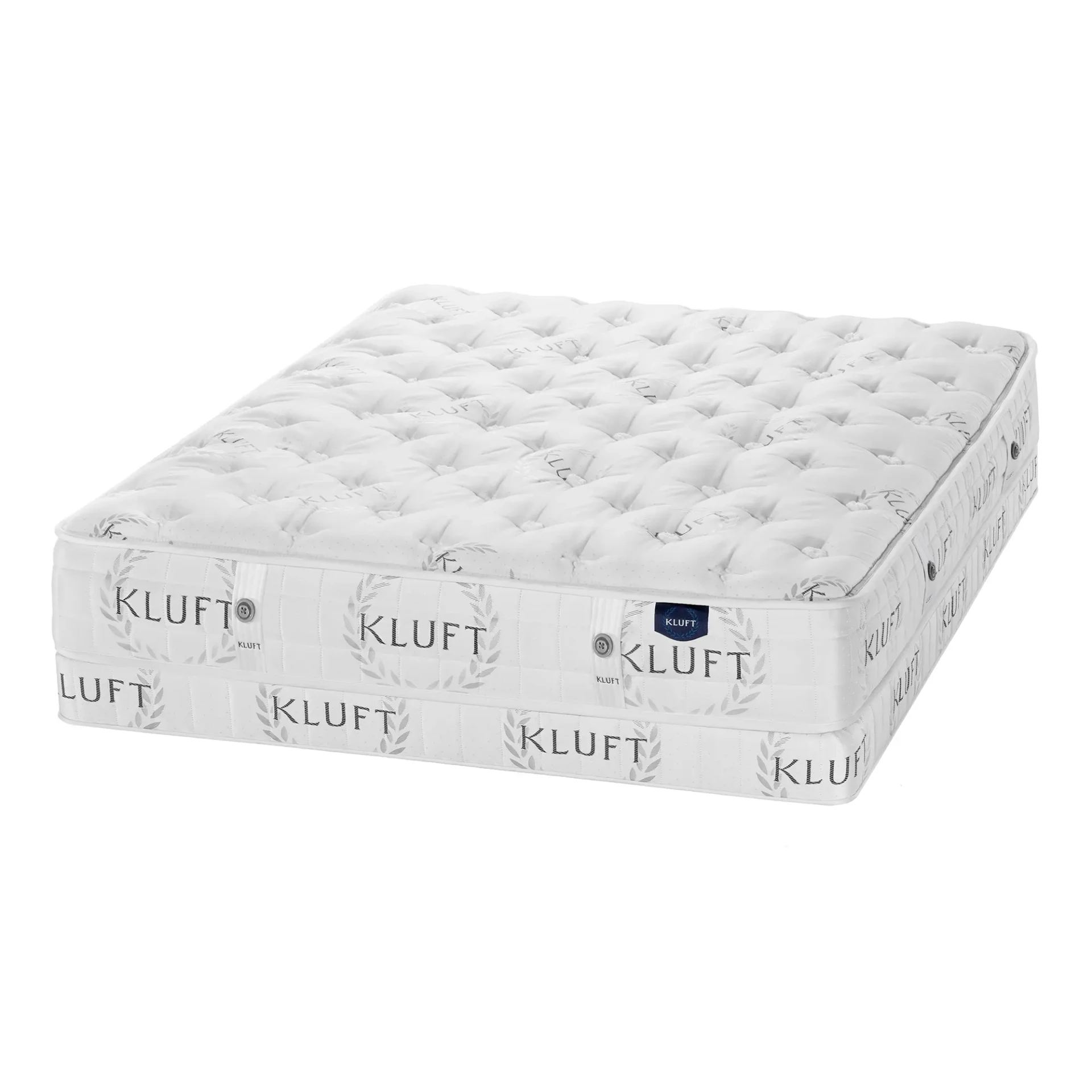 QUEEN - Kluft Marquise Low-profile Plush Mattress, white tufted fabric, pocketed coils, 3/4 angle view.