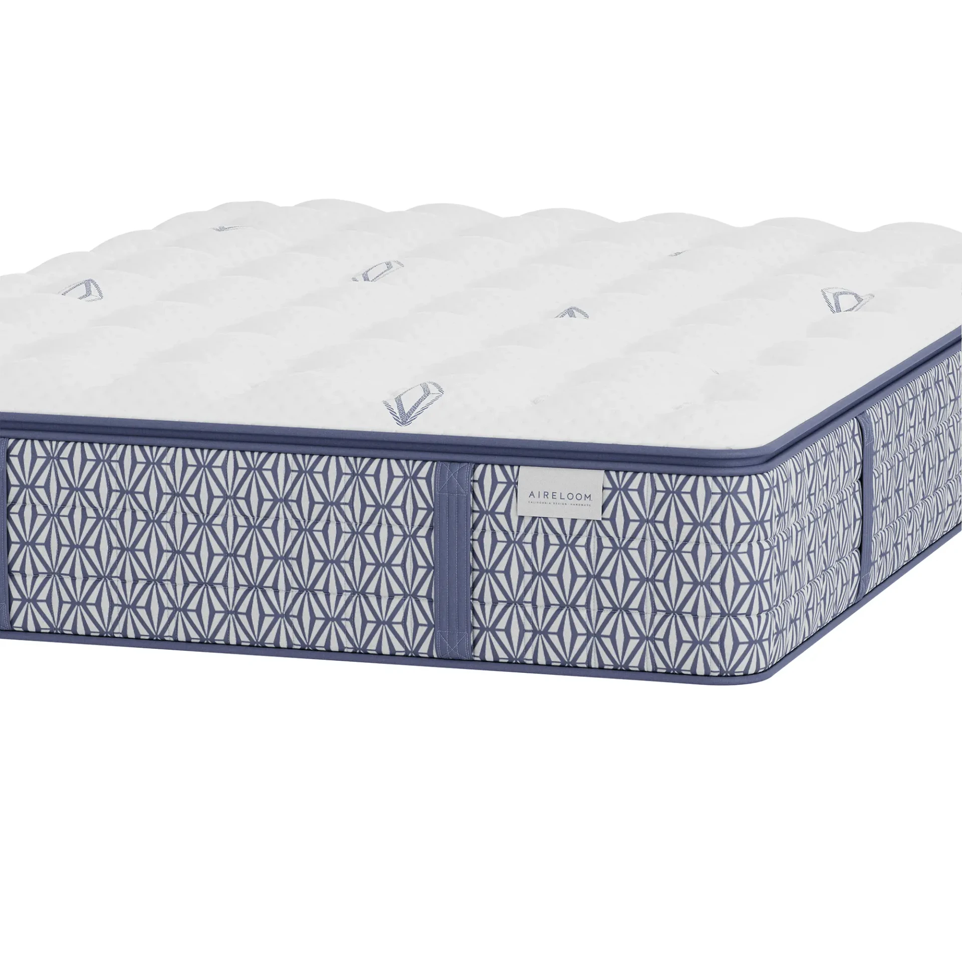 QUEEN - Aireloom Luxetop Luxury Firm M2 Mattress, white and blue patterned fabric, firm comfort, 3/4 angle view.