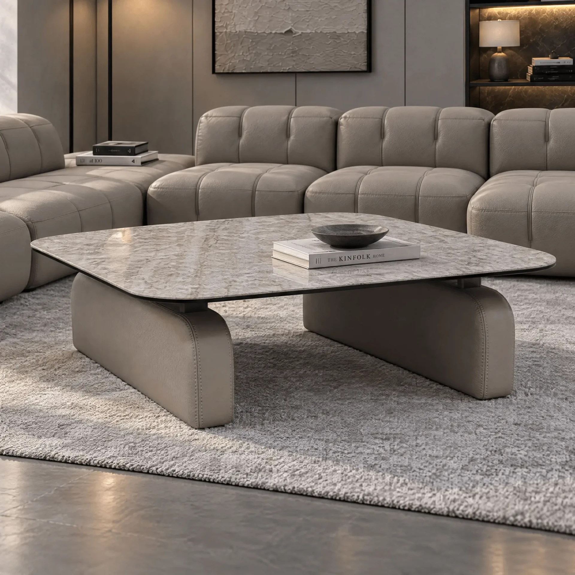 Gamma Arredamenti Moxy Cocktail Table, modern living room, Yamuna Ceramic Top, Putty Leather Base, angled front view.