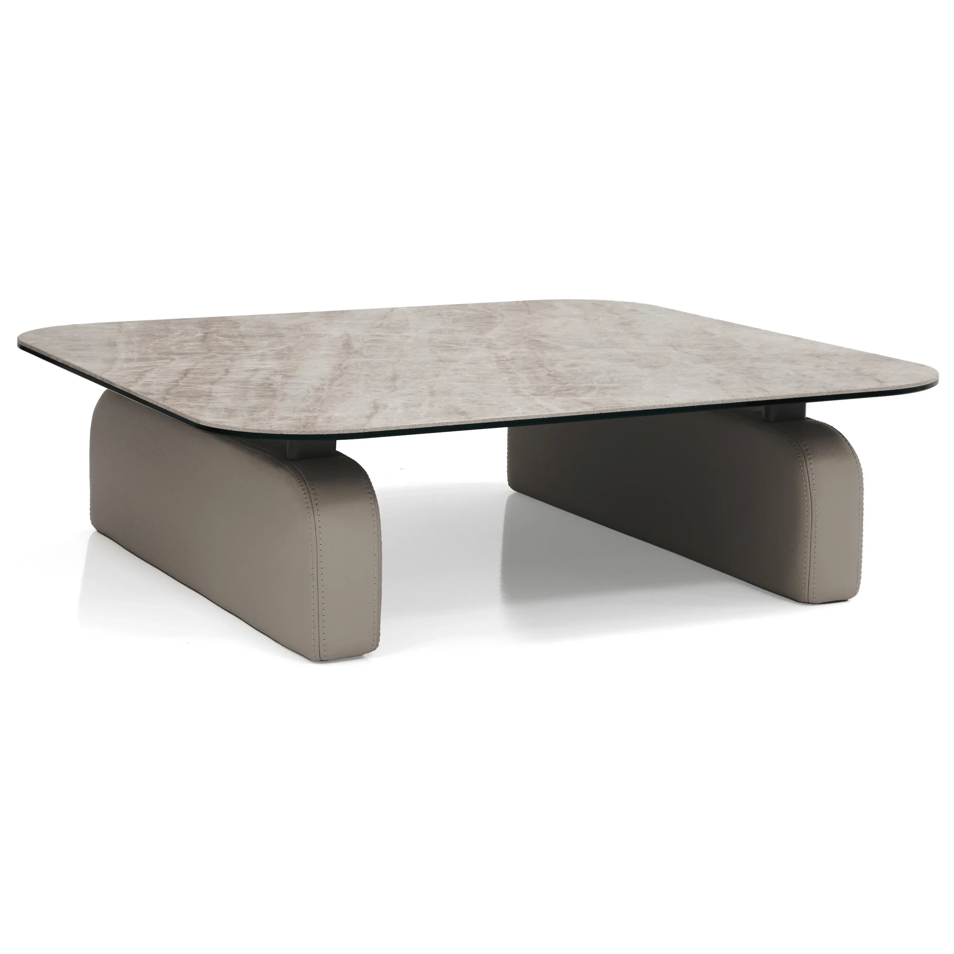 Gamma Arredamenti Moxy Cocktail Table, modern style, Yamuna ceramic top, putty leather base, 3/4 angle view.