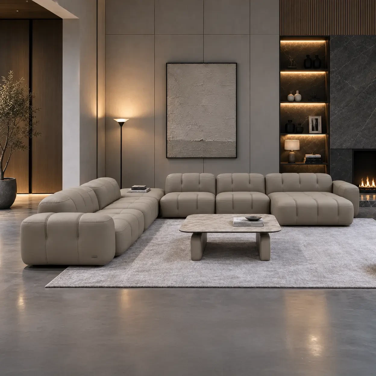 Gamma Arredamenti Moxy Cocktail Table with Yamuna Ceramic Top and Putty Leather Base in a modern living room, front view.