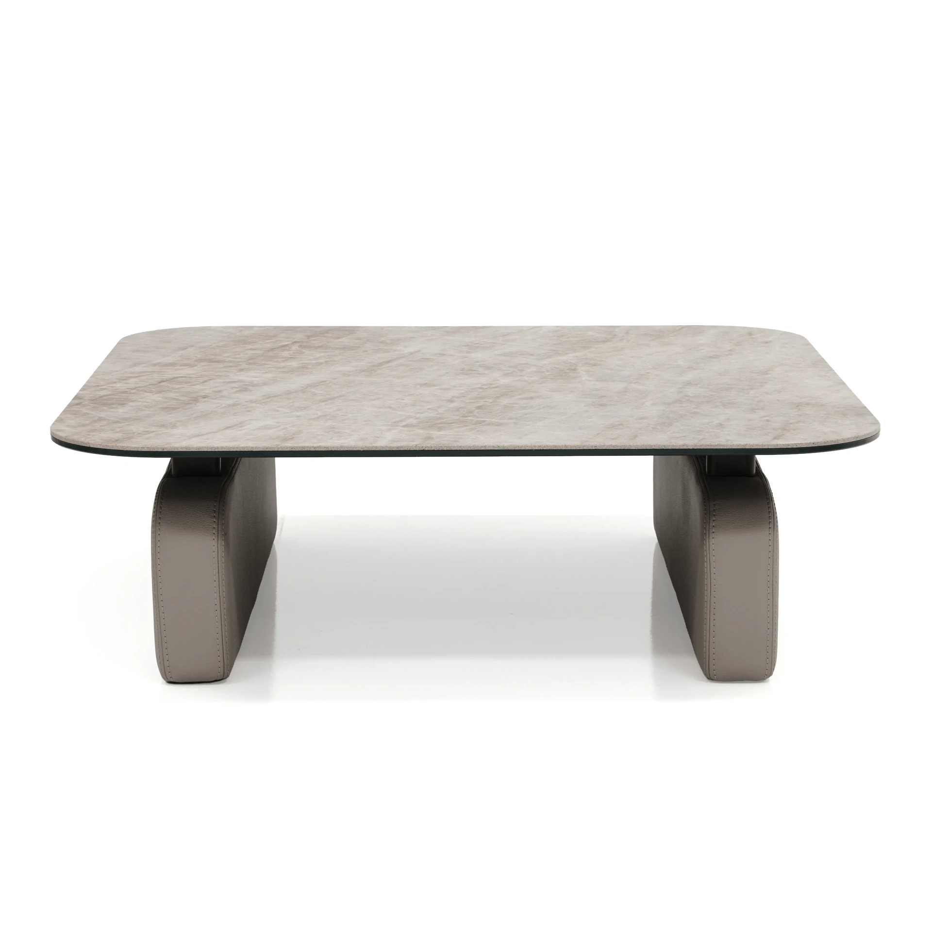 Gamma Arredamenti Moxy Cocktail Table, modern style, Yamuna ceramic top, putty leather base, front view.
