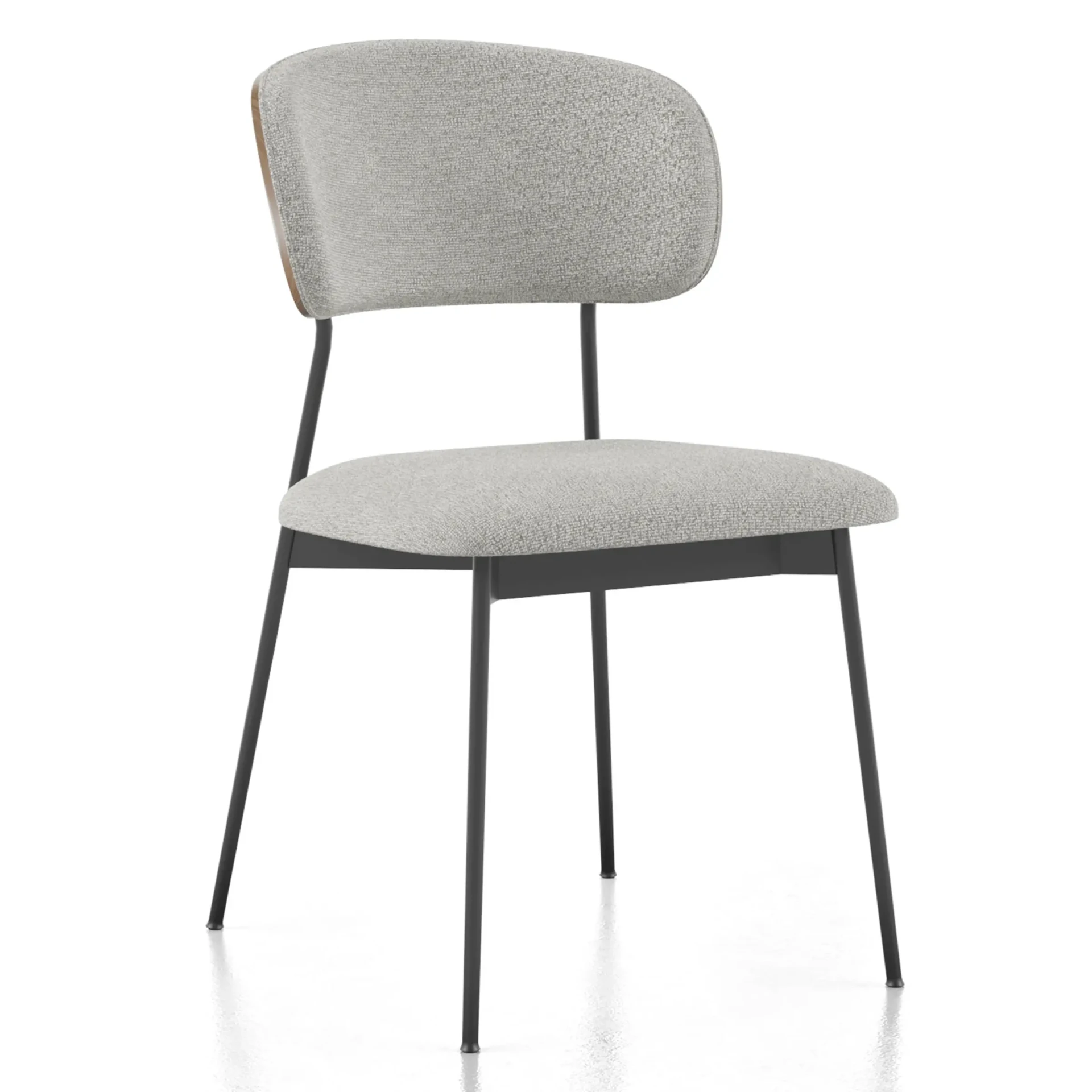 BDI Cove Dining Chairs, set of 2, oatmeal fabric and walnut back with black metal frame, 3/4 view.